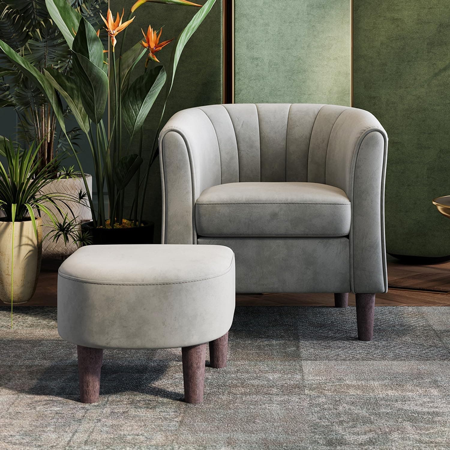 LINSY Accent Chair with Ottoman, Modern Barrel Chair Comfy Armchair Reading Chair with Footrest, Round Arms Chair for Living Room Bedroom Reading Room, Velvet, Light Grey