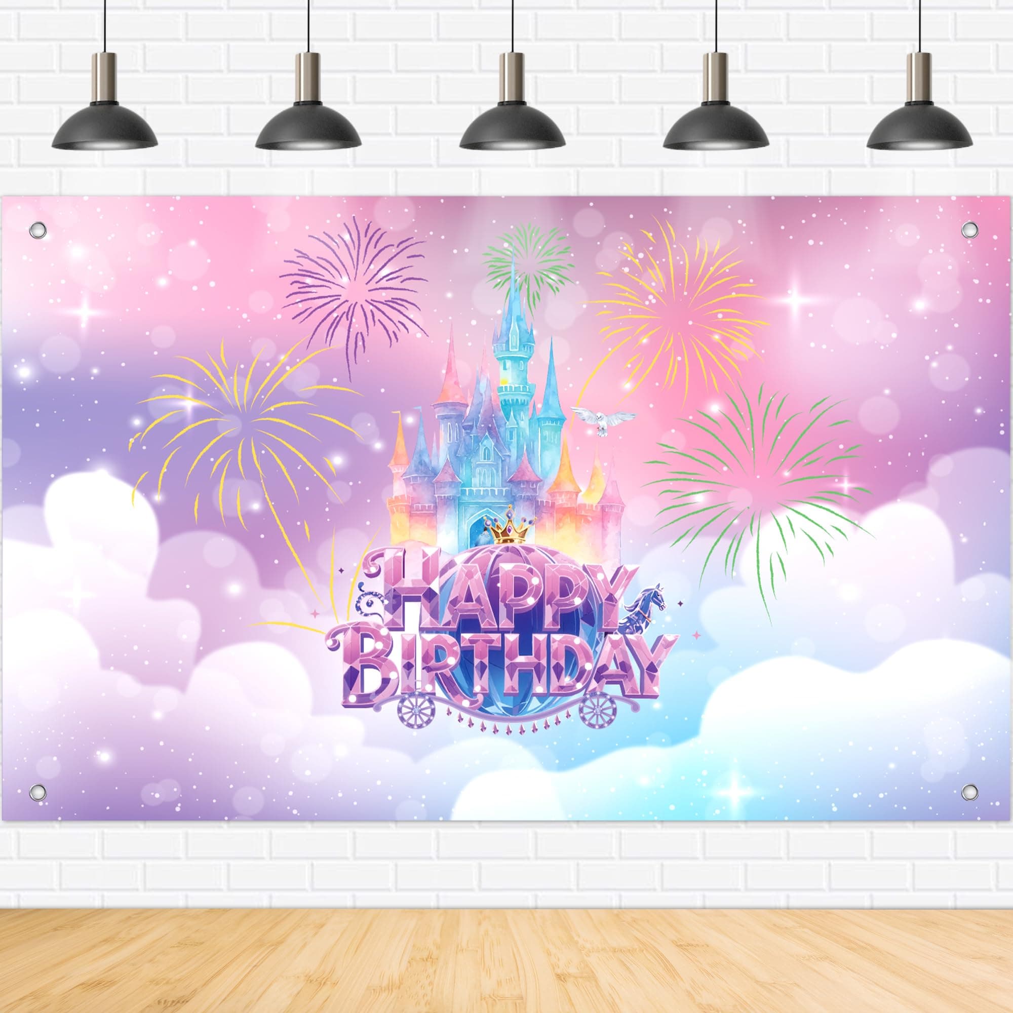 Princess Happy Birthday Backdrop,Princess Birthday Party Decorations for Girls Women, 6ft x 4ft Pink Castle Backdrop with 4 Holes & 10m Rope for Indoor Outdoor Party Decor Birthday Photo Prop