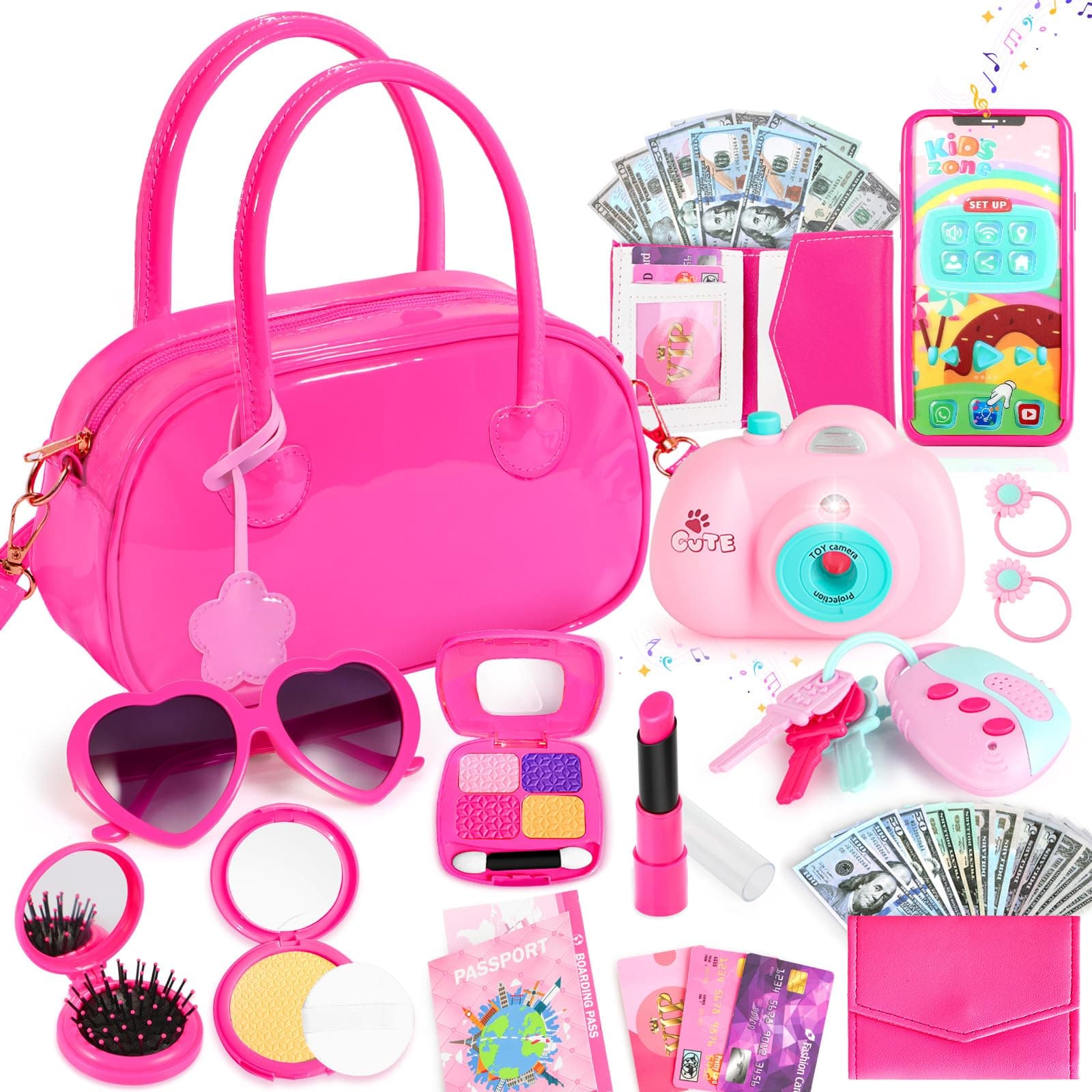 INNOCHEER Little Girls Purse, Toddler Purse Pretend Makeup Girl Toys, Hot Pink Patent Leather Purse, Play Purse for Little Girls, Pretend Play Toy Kids Purse Gifts Toys for 3 4 5 6 7 8 Year Old Girls