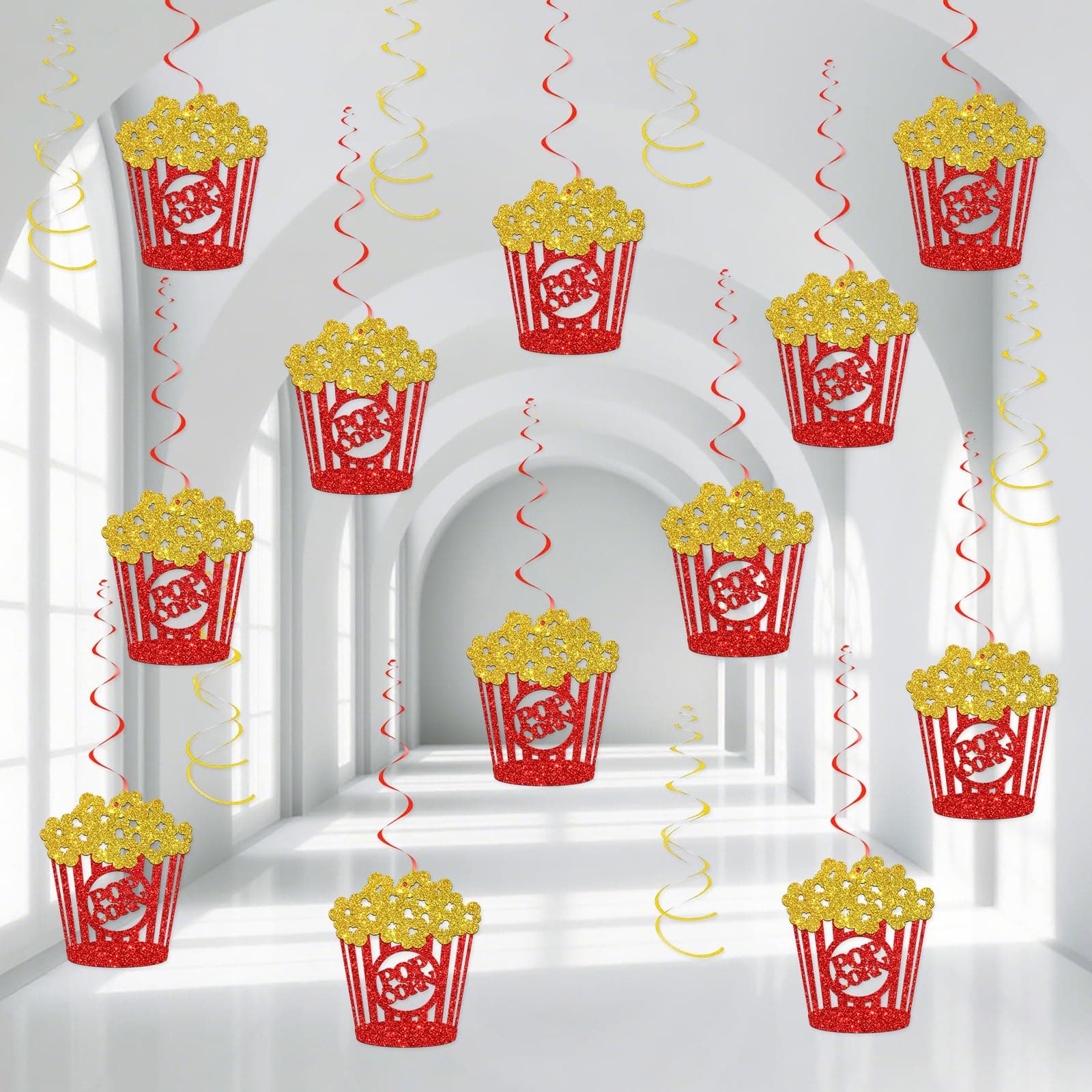 BOBYIYI Popcorn Party Decorations Swirls Fun Popcorn Bar Sign Popcorn Themed Party Supplies Movie Night Party Foil Swirls Ceiling Decorations Gold Glitter​