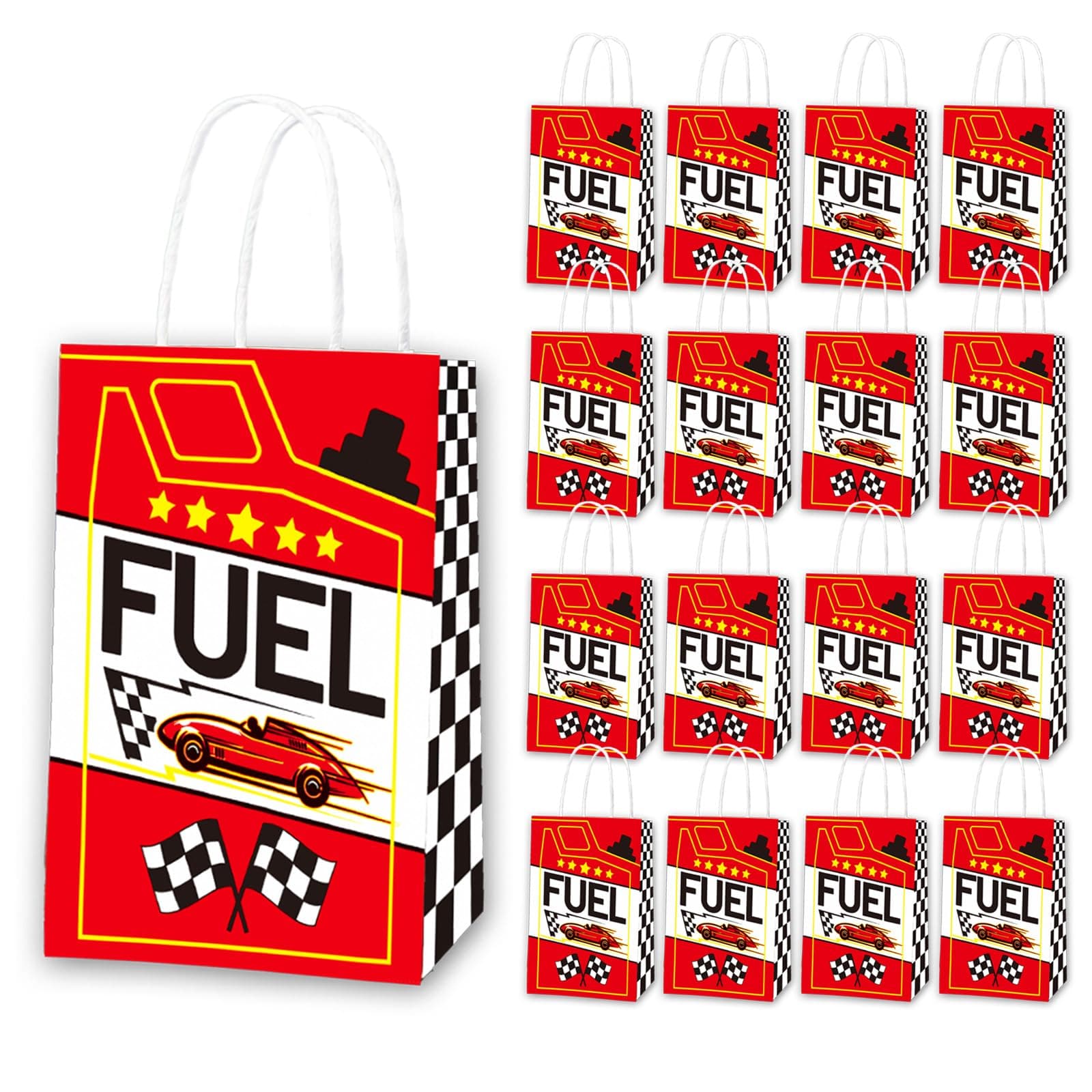 8HREST 16 PCS Party Bags for Race Car Fuel Party Decorations for Race Car Fuel Baby Shower Party Bags Gift Treat Bags Paper Goody Candy Snack Bags for Kids Boy Girl Birthday Party Supplies