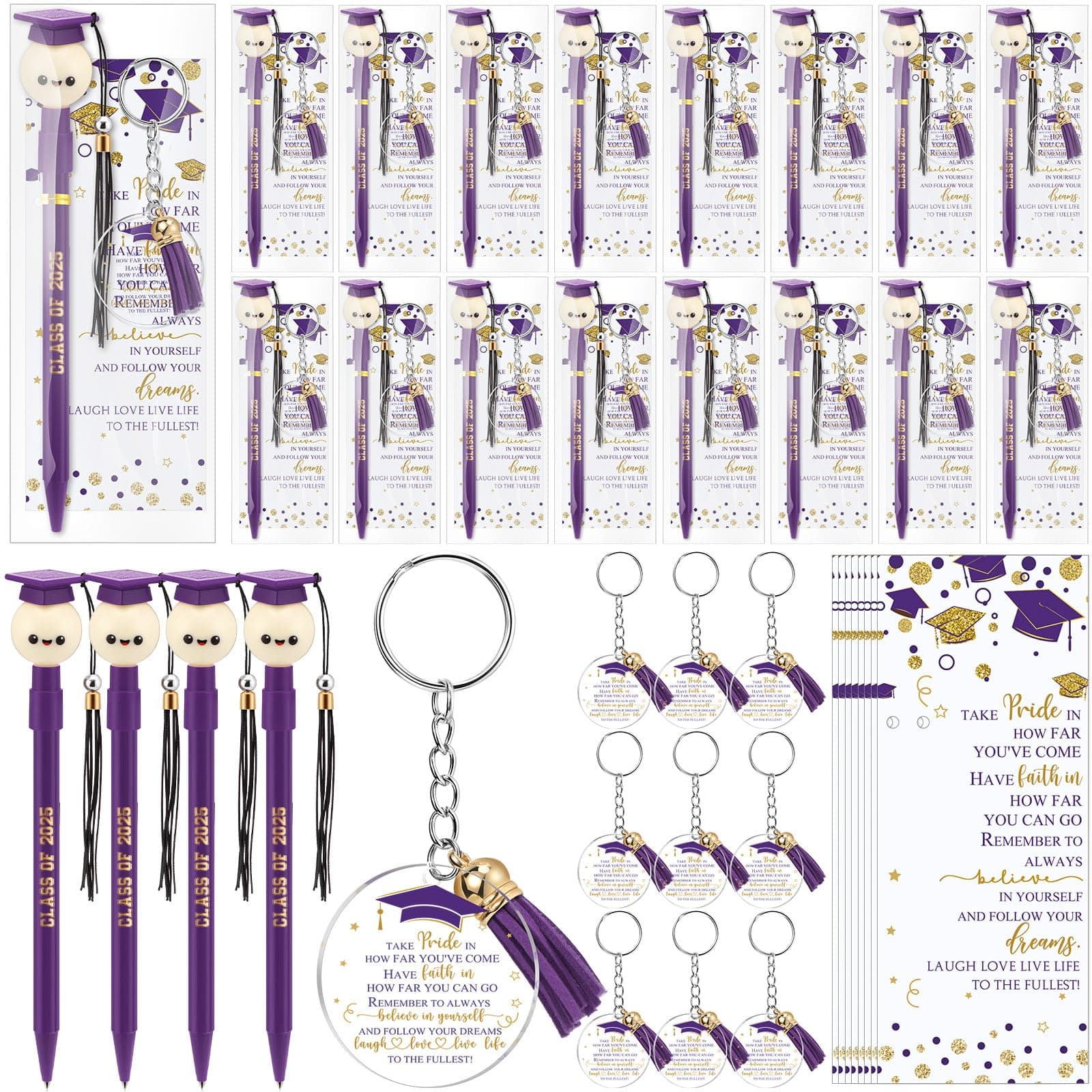 Weekgrat 30 Sets Graduation Class of 2025 Gifts Graduation Cap Ballpoint Pens with Tassel Blessing Keychains Bookmarks Party Favors Bulk for Students Senior High School Supplies (Purple)