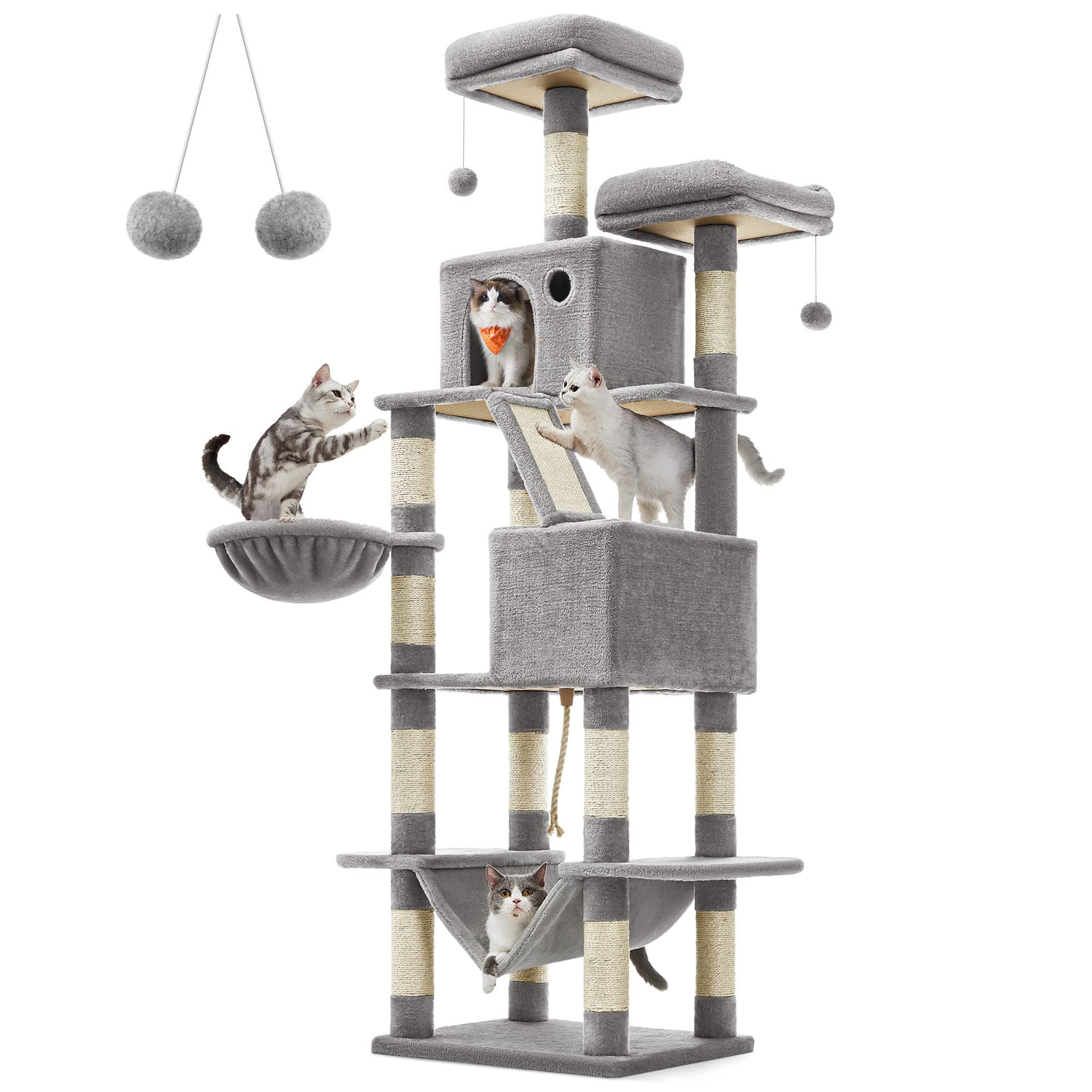 Feandrea Cat Tree, 206 cm Large Cat Tower Condo with 13 Scratching Posts, 1 Scratching Ramp, 2 Perches, 2 Caves, Basket, Hammock, Pompoms, Light Grey PCT190W01V1