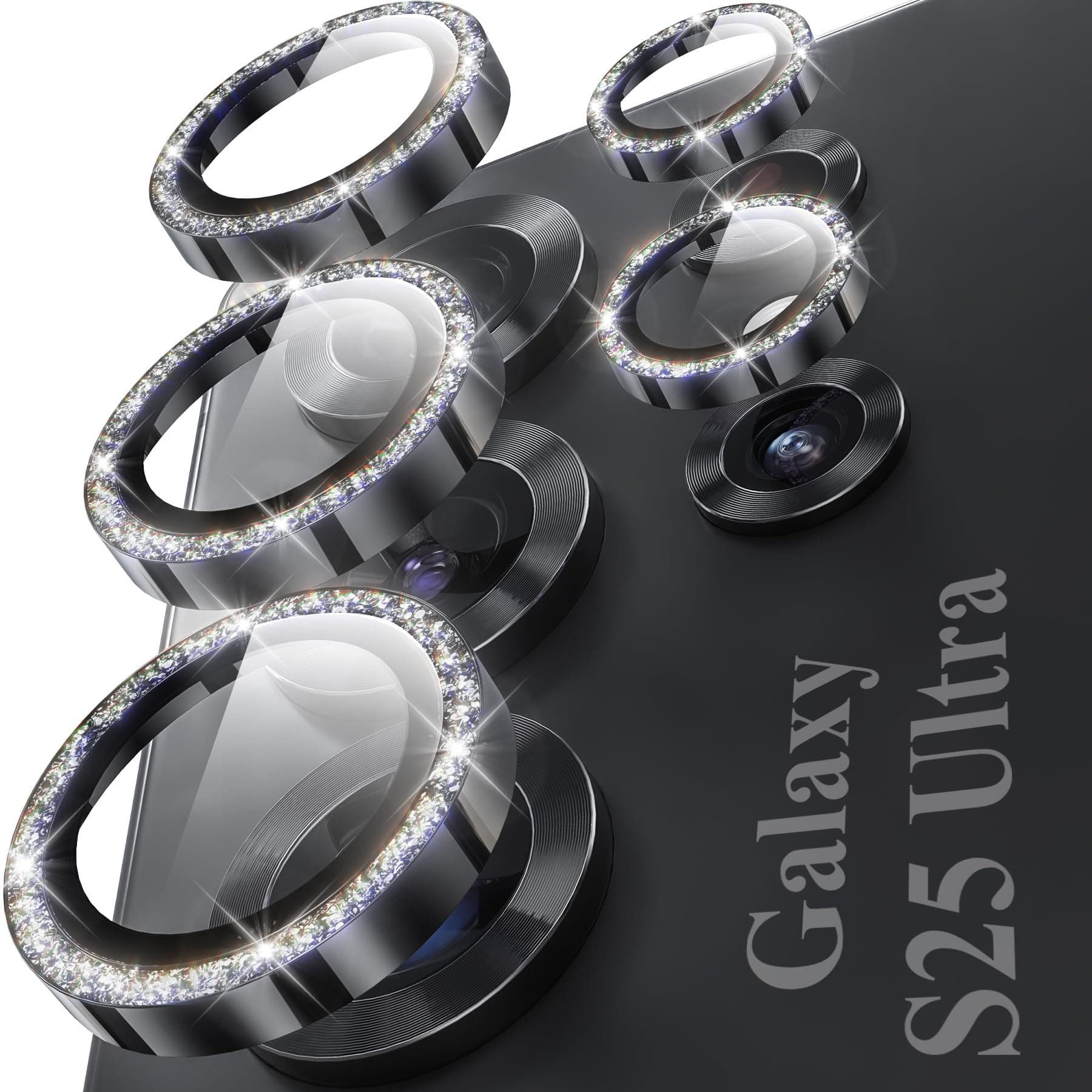 YWXTW Camera Lens Protector for Samsung Galaxy S25 Ultra, [5X Stronger] Glitter Bling Individual Metal Ring Tempered Glass Camera Screen Protector for S25 Ultra Accessories, 1 Set (Glitter Black)