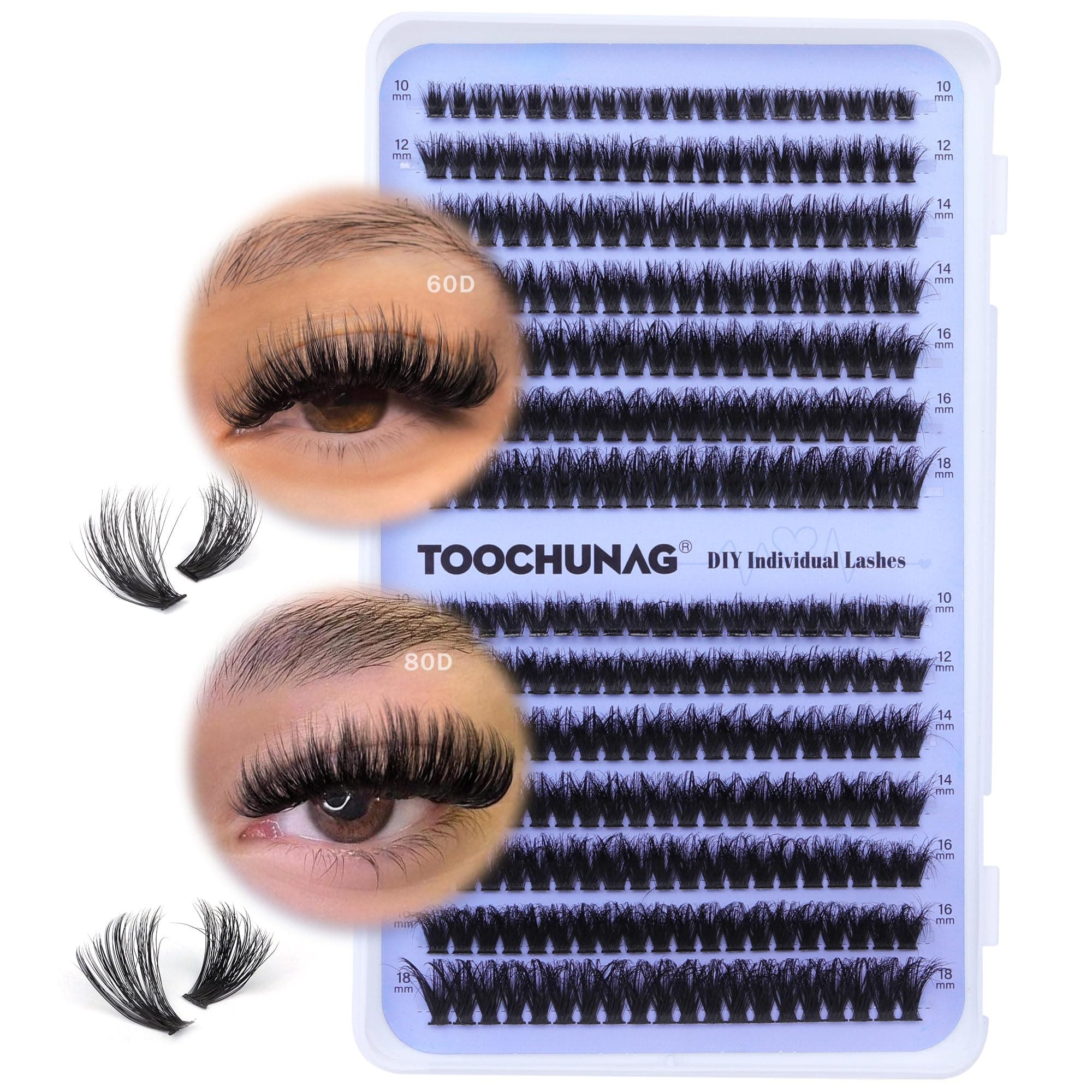 TOOCHUNAG Fluffy Lash Clusters 60D+80D Thick Eyelash Clusters D Curl Wispy Cluster Lashes Extensions 10-18mm 280pcs False Eyelashes DIY Flat Individual Lashes Extension