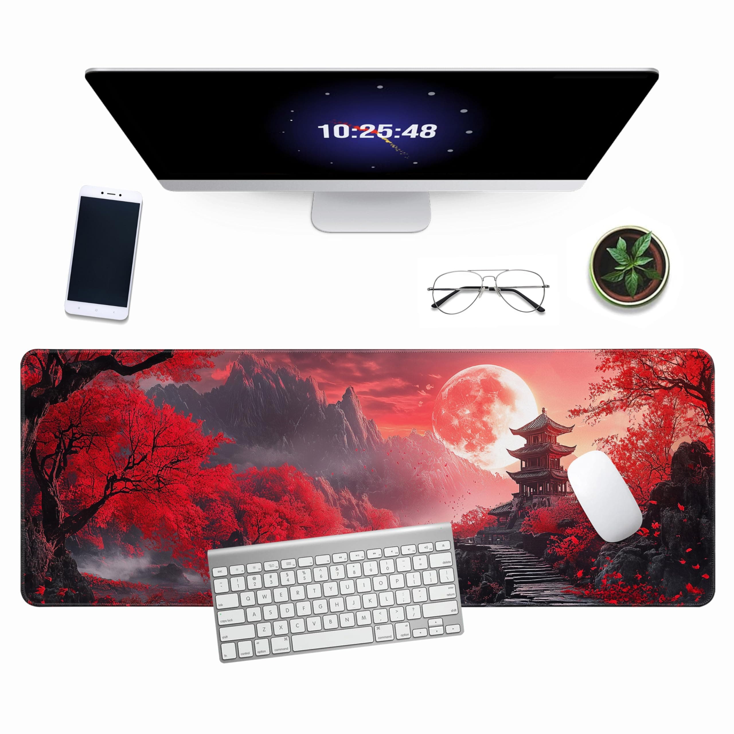 Red Japanese Mouse Pad 31.5x11.8 in Red Leaf Design Style Extended Large Gaming Mousepad Keyboard Full Desk Mat Non-Slip Rubber Base Stitched Edges for Home Office
