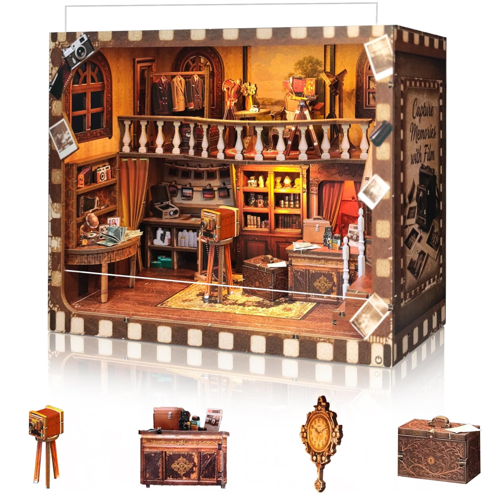 BELEV Book Nook Kit - DIY Miniature Wooden Booknook with LED Lights, Dust Cover 3D Puzzle Bookend Bookshelf Decor Gift for Adults Teens - Vintage Photo Studio