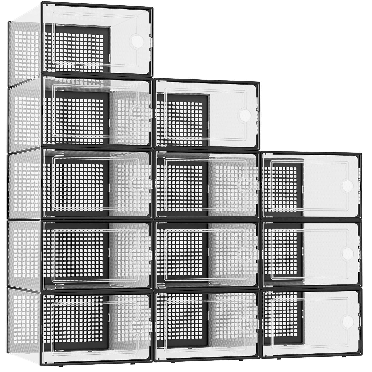 Kuject XX-Large Shoe Storage Boxes Organizers Clear Plastic Stackable 12 Pack, Shoe Rack & Holder Substitute, Sneaker Containers, Shoe Storage Organizer Bins for Entryway, Closet, Under Bed, Black
