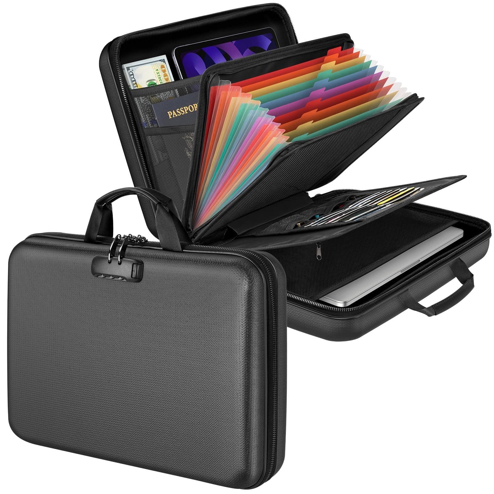 Fireproof Document Organizer Bag, 5200℉ File Organizer Safe Box, Hard Shell Document Bag with 13 Pocket Accordion File Folder (5200℉-Black with shoulder strap)