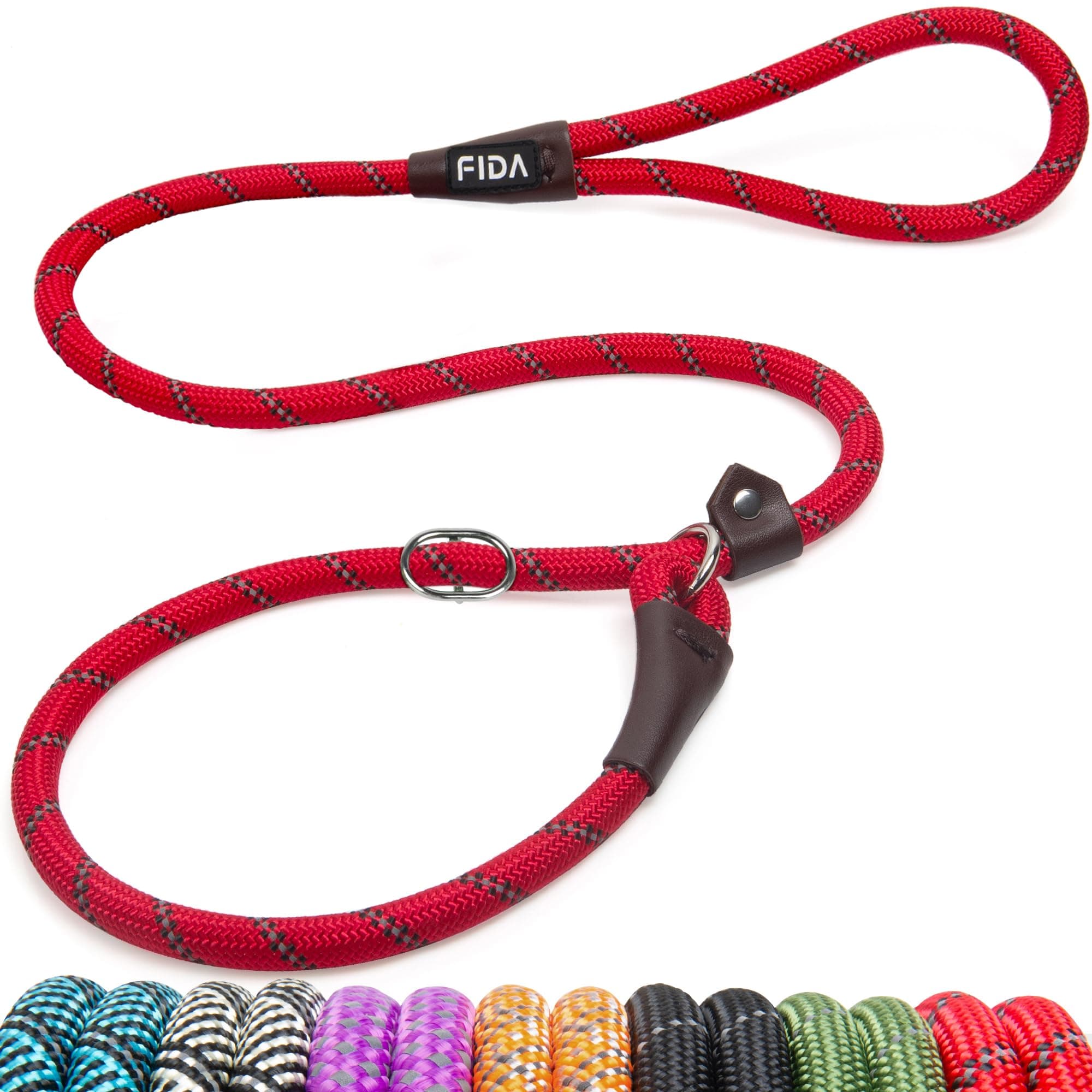 Fida Slip Leads for Dogs - 4 FT x 1/2" Heavy Duty Comfortable Strong Rope Leash for Large, Medium Dogs - No Pull Pet Training Leash with Highly Reflective Red