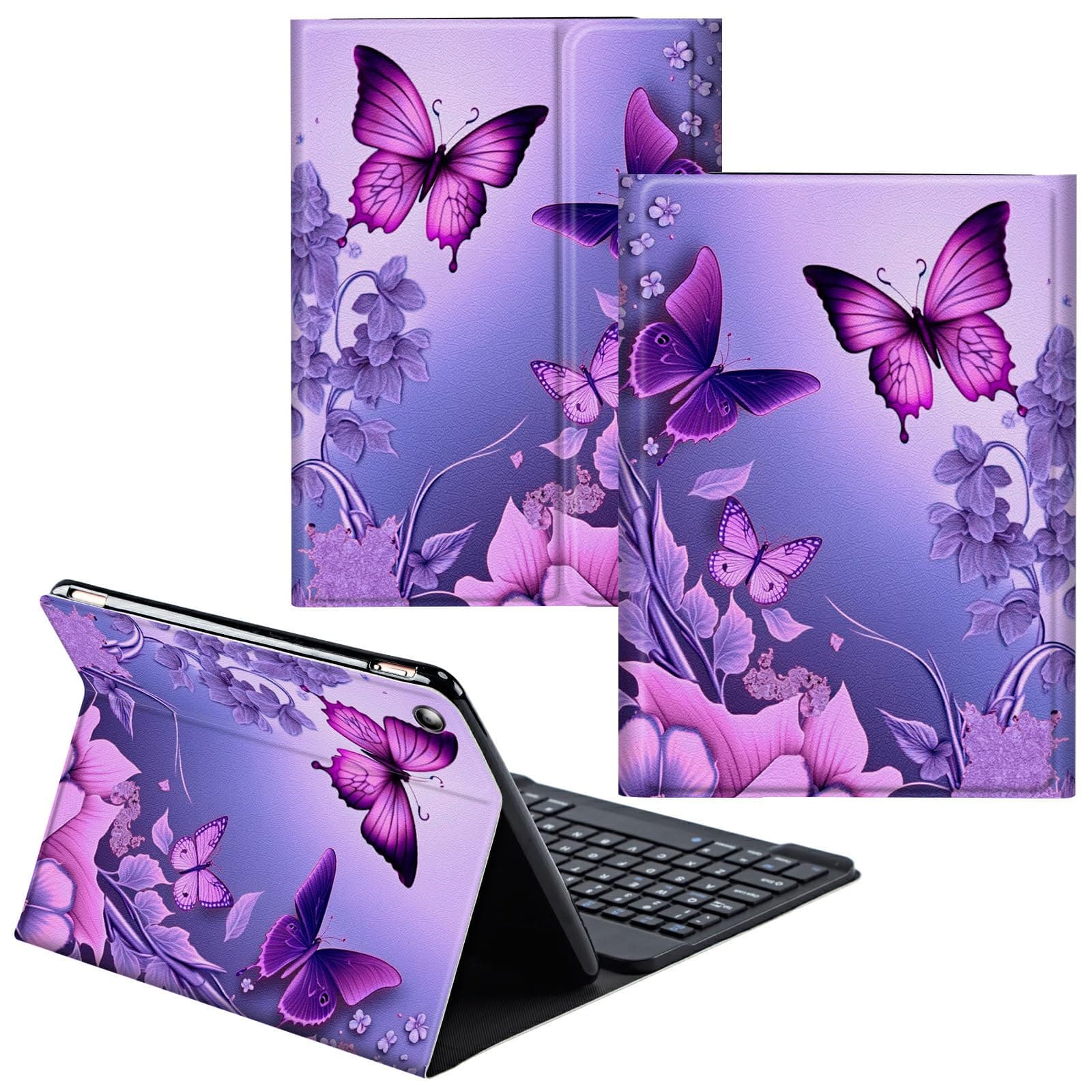 CGFGHHUY for iPad 9th Generation Case with Keyboard for iPad Case 10.2 inch 8th/7th Generation Detachable Wireless Keyboard & PU Leather Stand Cover Protective Case - Pink Flowers Purple Butterflies