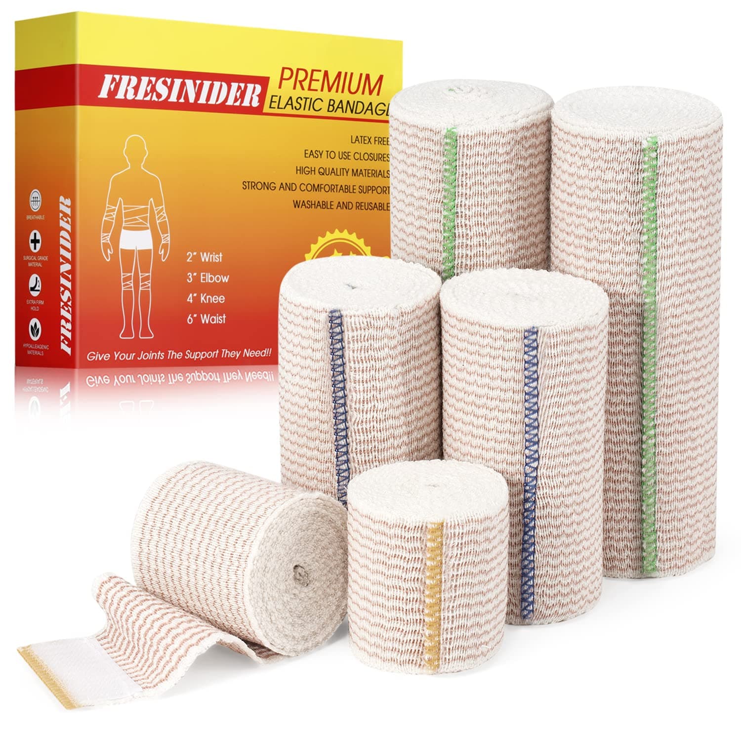 FRESINIDER Premium Elastic Bandage Wrap, 6-Pack Mix, Hook-and-Loop Closure