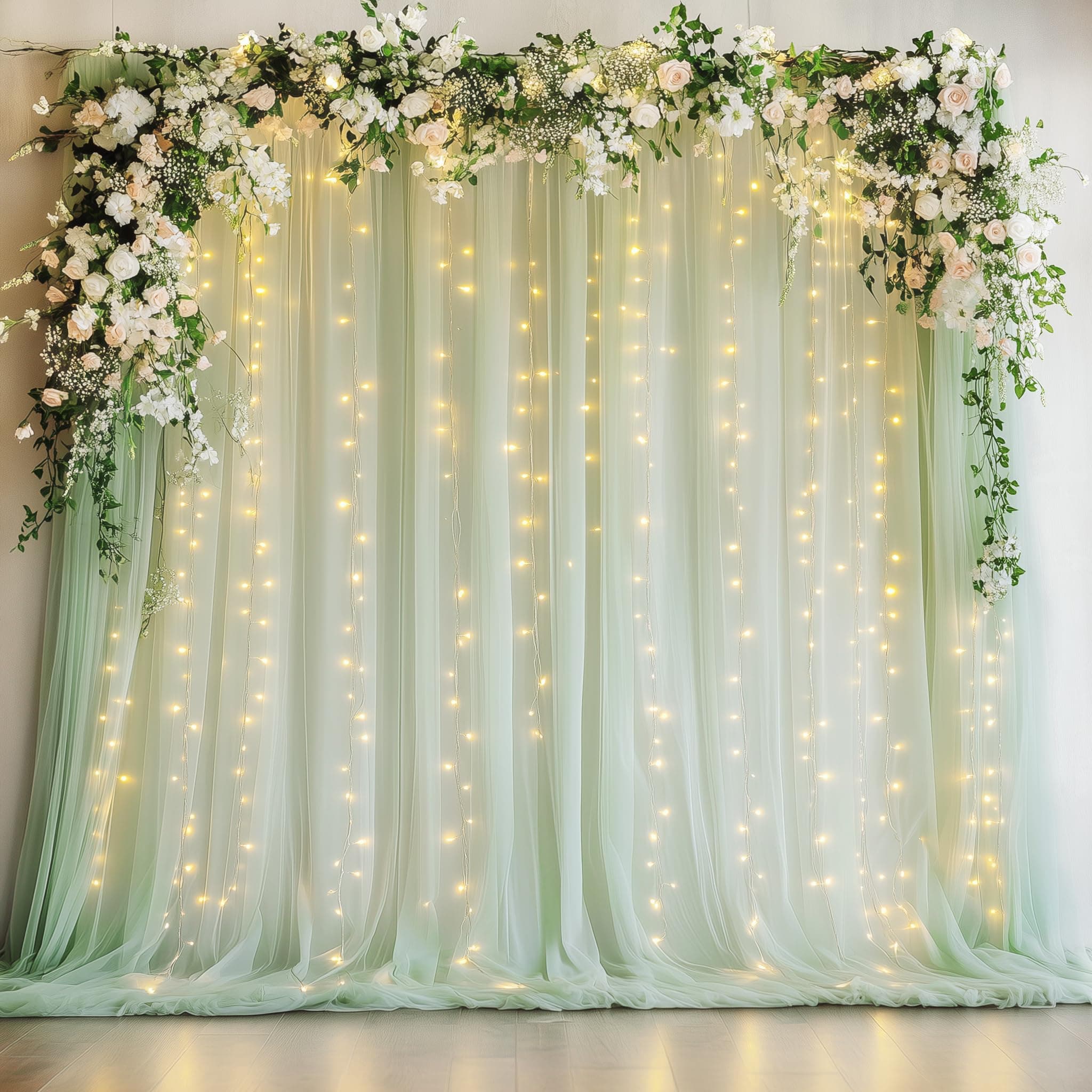 Fomcet Tulle Backdrop Curtains with Lights Sage Green 10x8ft Sheer Curtain