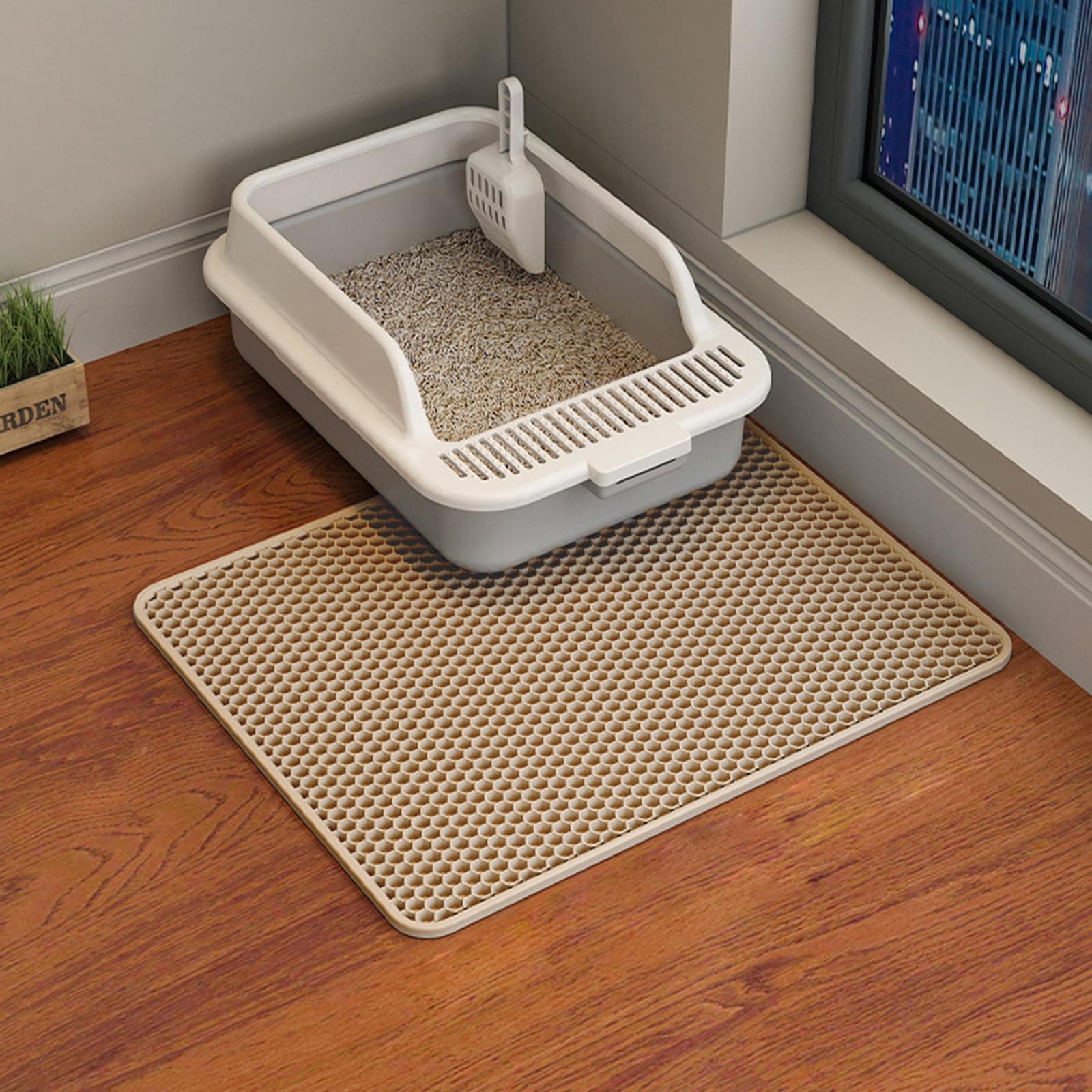 ERHAOG Cat Litter Trapping Mat, 45 x 30 cm Honeycomb Double Layer Design, Urine and Water Proof Material, Scatter Control Less Waste Easier to Clean Washable Khaki