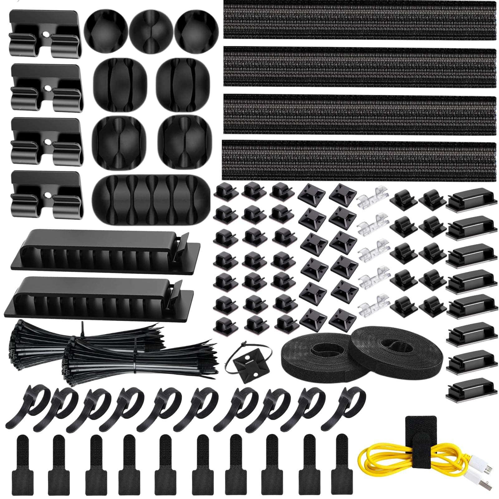 [313Pcs] Cable Management Kit, 67 Adhesive Cable Clips, Topavatop Desk Cord Organizer, 22 Reusable Cable Strap, 4 Cable Sleeve Split, 200 Nylon Cable Zip Ties with 20 Mounts for TV Office Home, Black