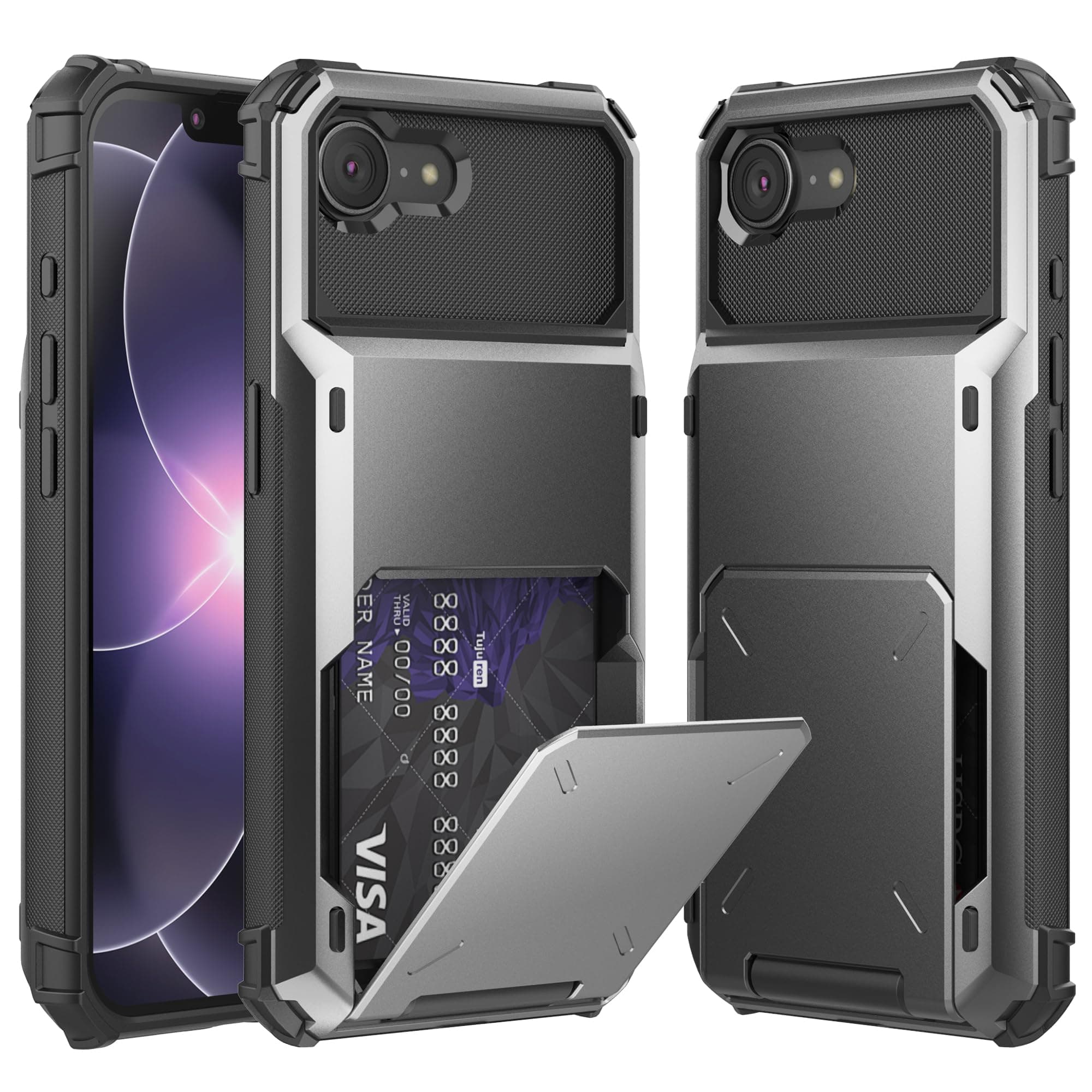 Foluu Wallet Case for iPhone 17e/16e with Card Holder, 5 Credit Hidden Card Slot Flip Cover Dual Layer Protective Hard PC Back & Soft TPU Bumper Case for iPhone 17e 2026 (Gray)