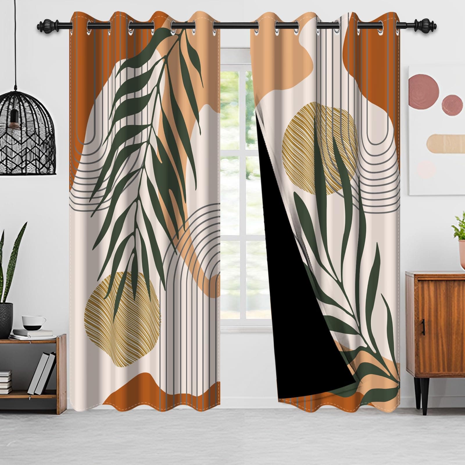 Ruelvth Boho Blackout Curtains, Abstract Green Leaves Window Curtains for Living Room Bedroom Terracotta and Beige Rustic Room Darkening Drapes with Grommets, 42x108 Inch, 2 Panels
