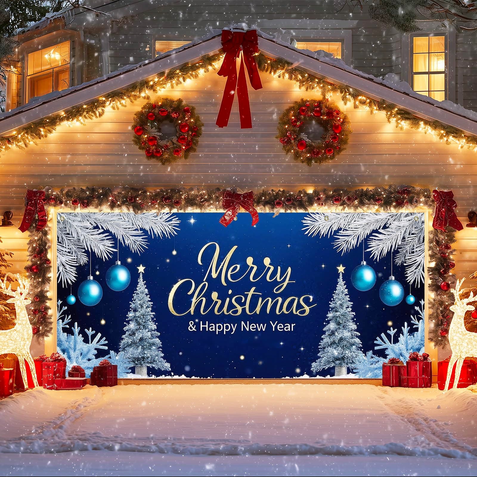 IVN Christmas Garage Door Banner Blue Ornaments Star Tree Scene 6x13 ft Holiday Backdrop Garage Door Cover Decorative Winter Night Theme Mural