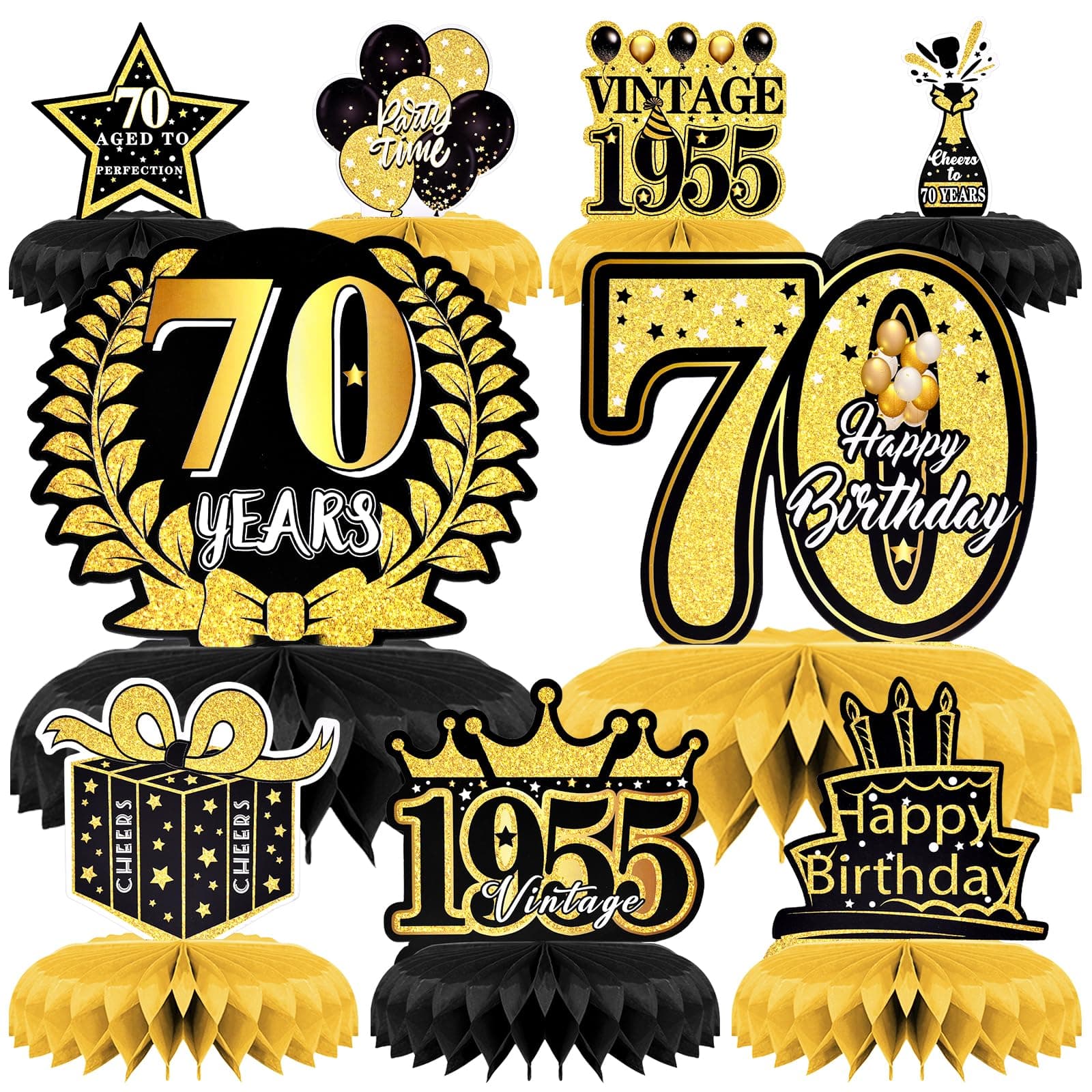 9 Pieces Black Gold 70th Birthday Honeycomb Centerpieces Table Decor, Vintage 1955 Happy Birthday Party Table Topper Ornaments Signs for Men Women Celebration Decorations Photo Booth Props