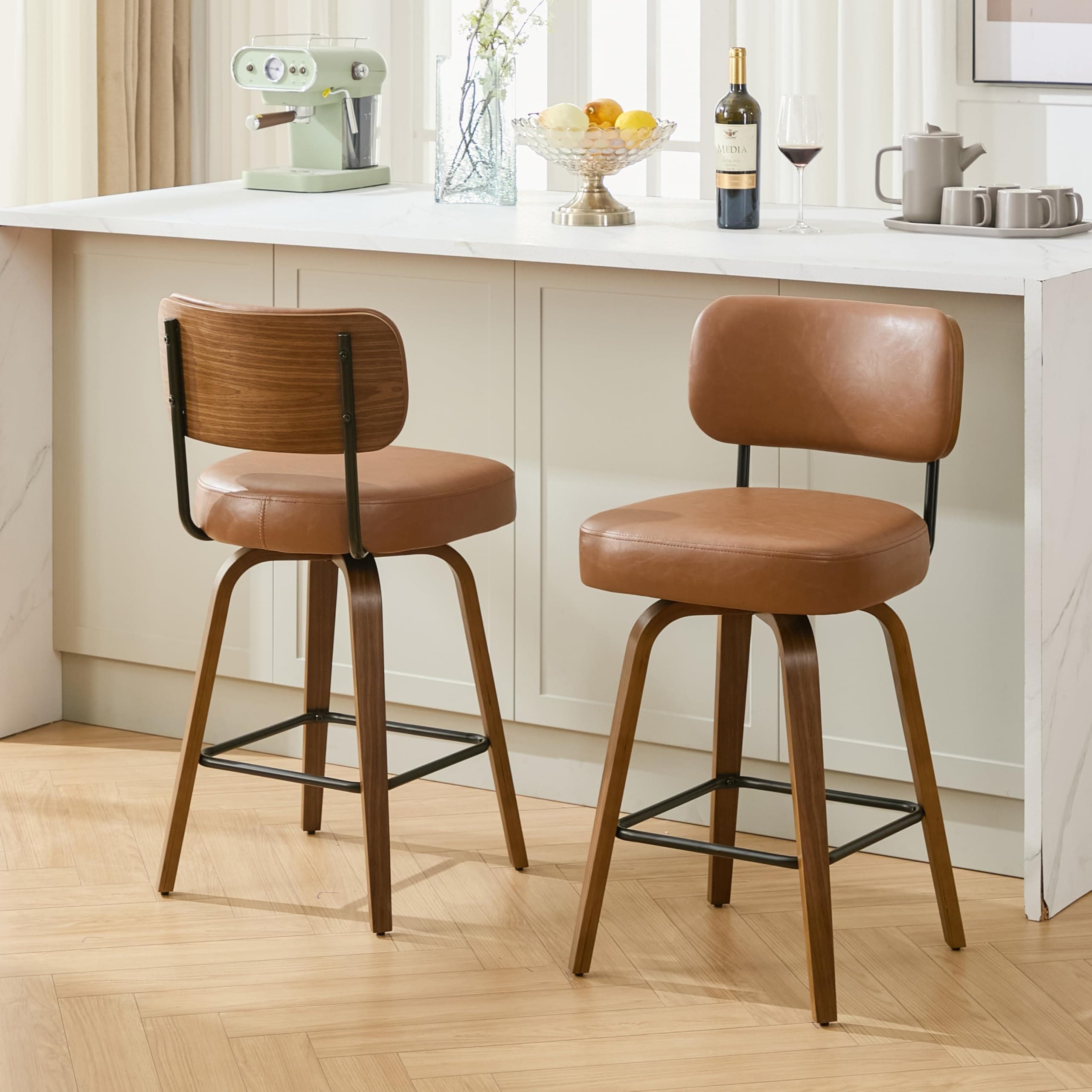 ARVASSLIA Swivel Bar Stools Set of 2, 26" Counter Height, Brown
