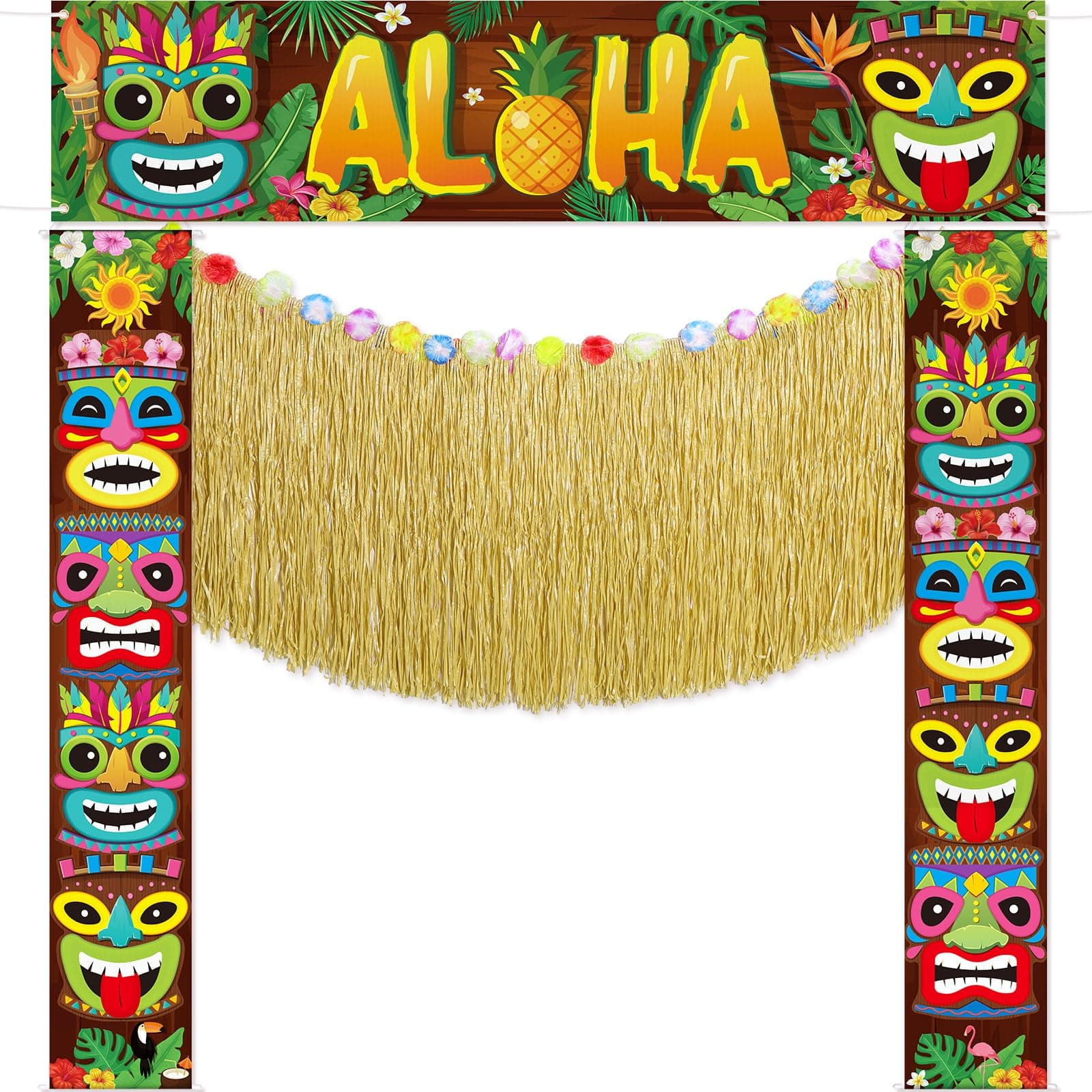 Tingjoo 4 Pcs Hawaiian Tiki Party Decorations Set Tiki Totem Door Banner Signs Aloha Grass Door Skirt Hanging Decor Luau Party Decor for Summer Tropical Birthday Beach Pool Party Supplies(Aloha)