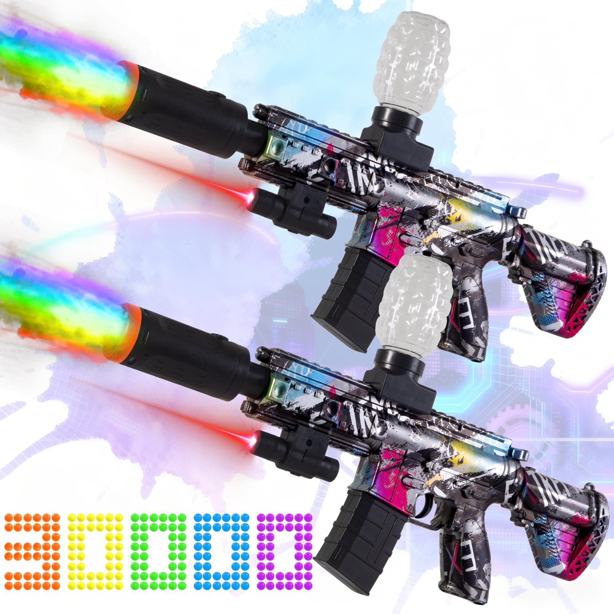 AROBEF 2 Set Gel Splat Blaster with Colorful Flash Tracer - Full Auto Splatter 12 Orby per Second - 7.4V Rechargeable Battery Powered - Outdoor Team Game Activities - for Ages 14+