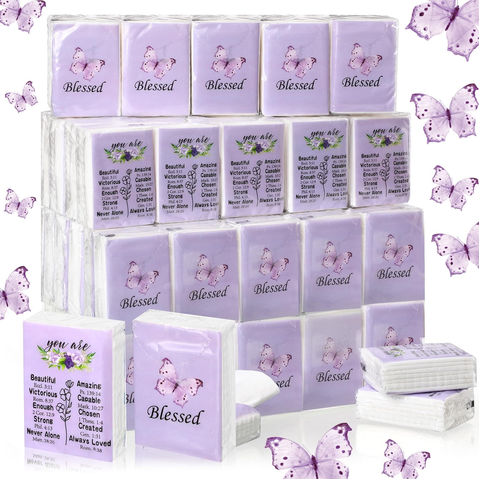 Harloon 30 Pack Christian Facial Tissues Purple Butterfly Pocket Wallet Size Travel Tissues Individual 3 Ply for Wedding Travelling Graduation, 7 Sheets Per Pack