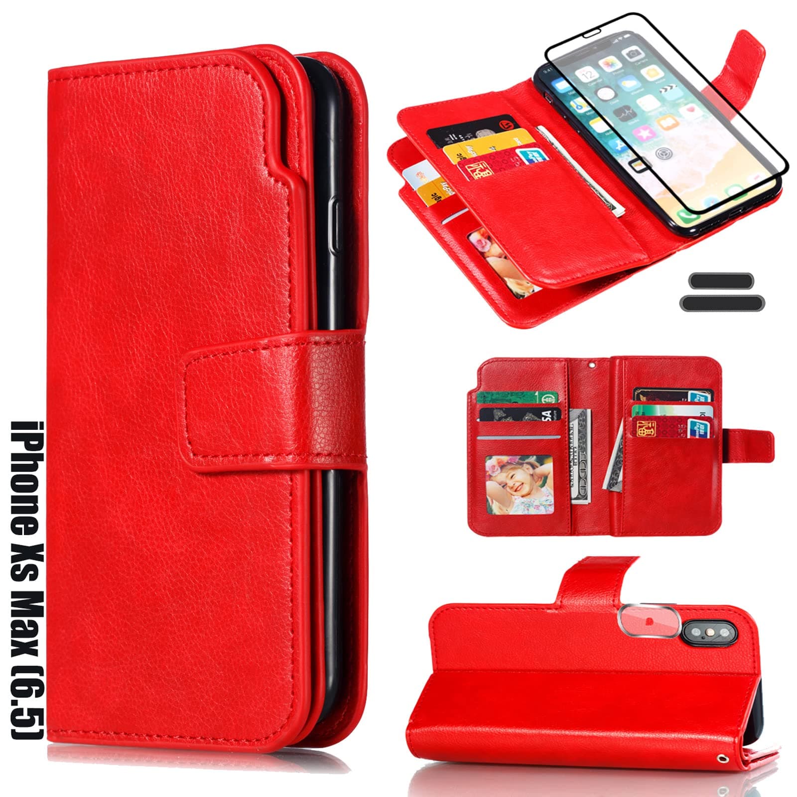LMDAMZ for iPhone Xs Max 6.5 Inch Wallet Case [3+ Card Slots] ID Business Card Credit Card Slot Carry Pouch with Stand Double Sided Multi-Card Slot Flip Folding PU Wallet Leather Case (Red)