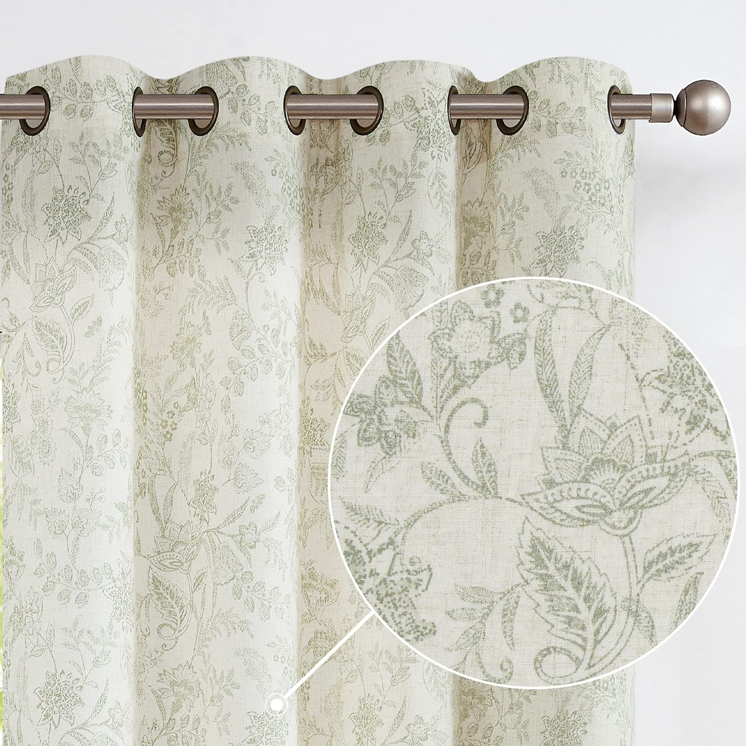 Lazzzy Linen Farmhouse Curtains for Living Room 84 Inch Length Semi Floral Print Window Curtain Drapes for Bedroom Country Light Filtering Curtain Grommet Top 2 Panels Green on Beige