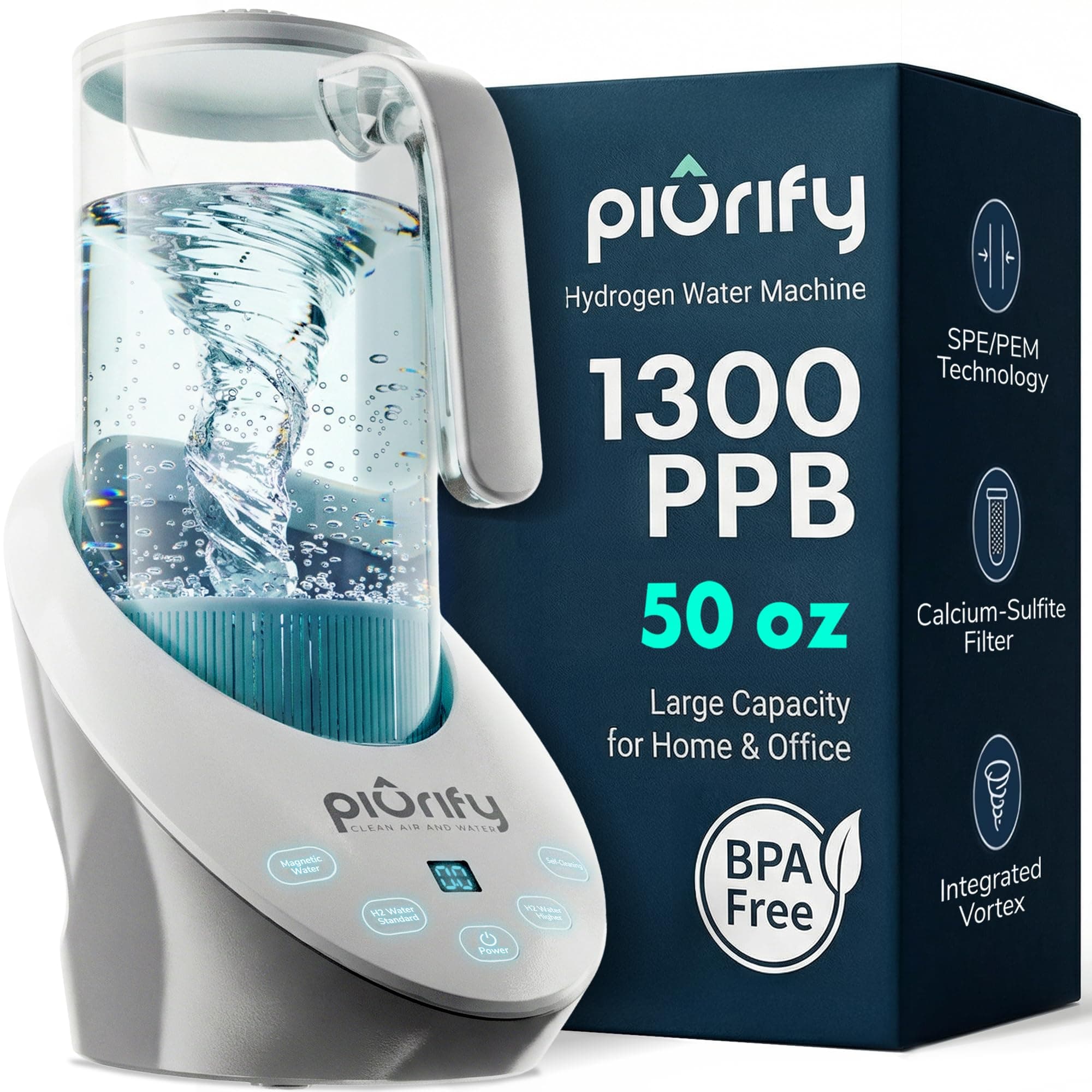 PIURIFY 50 Oz Hydrogen Water Pitcher - BPA Free, Rich Hydrogen Water Generator with SPE/PEM Technology, Balanced PH Levels and Filtered with Calcium Sulfite