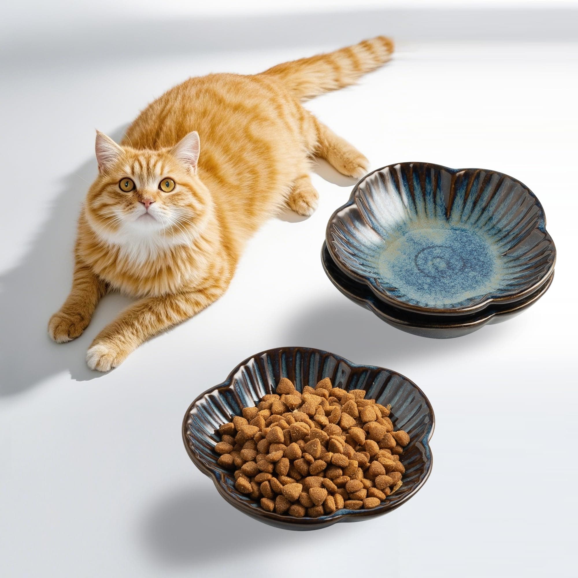 Cat Food Bowls, Ceramic Pet Plates, Cat Dish for Food, Water and Snack, 4.72 Inch, Indoor and Outdoor Use, Kitten Puppy and Small Animals Bowls Set of 3 (Blue)