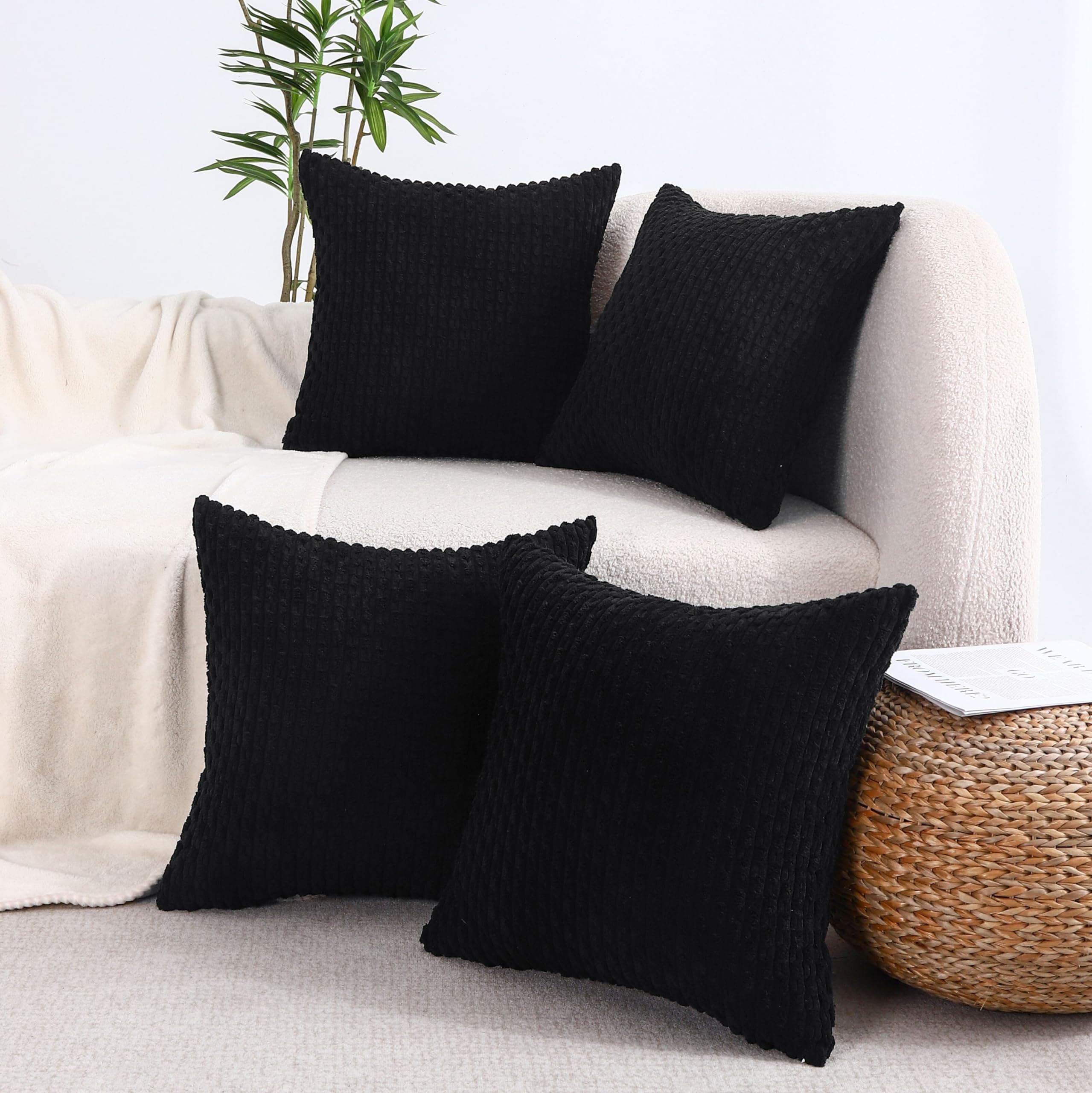 VAKADO Black Decorative Couch Throw Pillow Covers 24x24 Set of 4 Corduroy Farmhouse Rustic Cushion Case Decor Neutral Boho Square for Home Living Room Bed Sofa