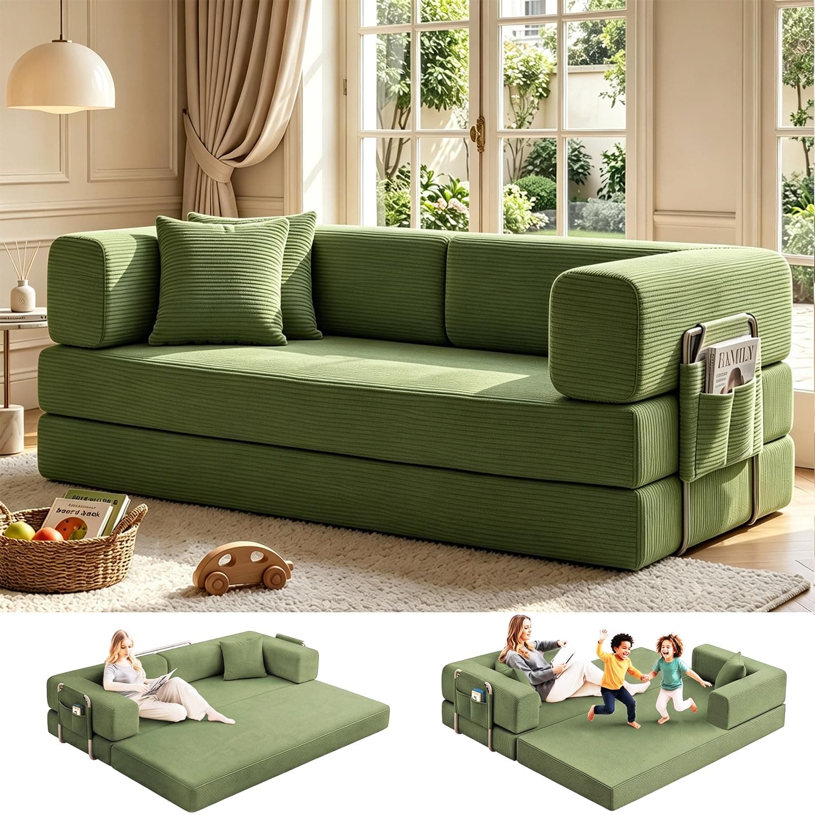 GEARIVY Convertible Sleeper Sofa Bed Corduroy Couch Bed 4-in-1 DIY Combination Modular Sofa Fold Out King Size Sleeper Floor Cama Lounge Couch for Living Room (Olive Green, 184CM)