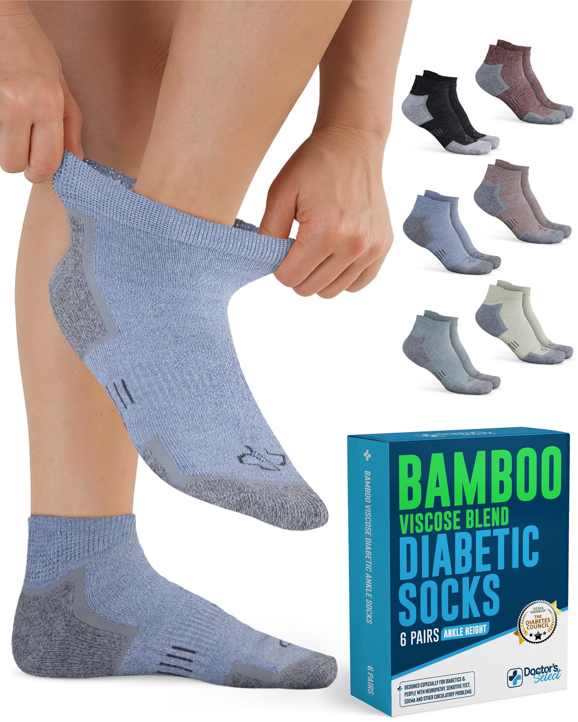 Doctor's Select Bamboo Viscose Diabetic Socks for Women & Men - 6 Pairs, Smooth Toe Seams, Moisture-Wicking, Black, Aqua, Blue, Maroon, Light Yellow, Orange, Womens Diabetic Socks