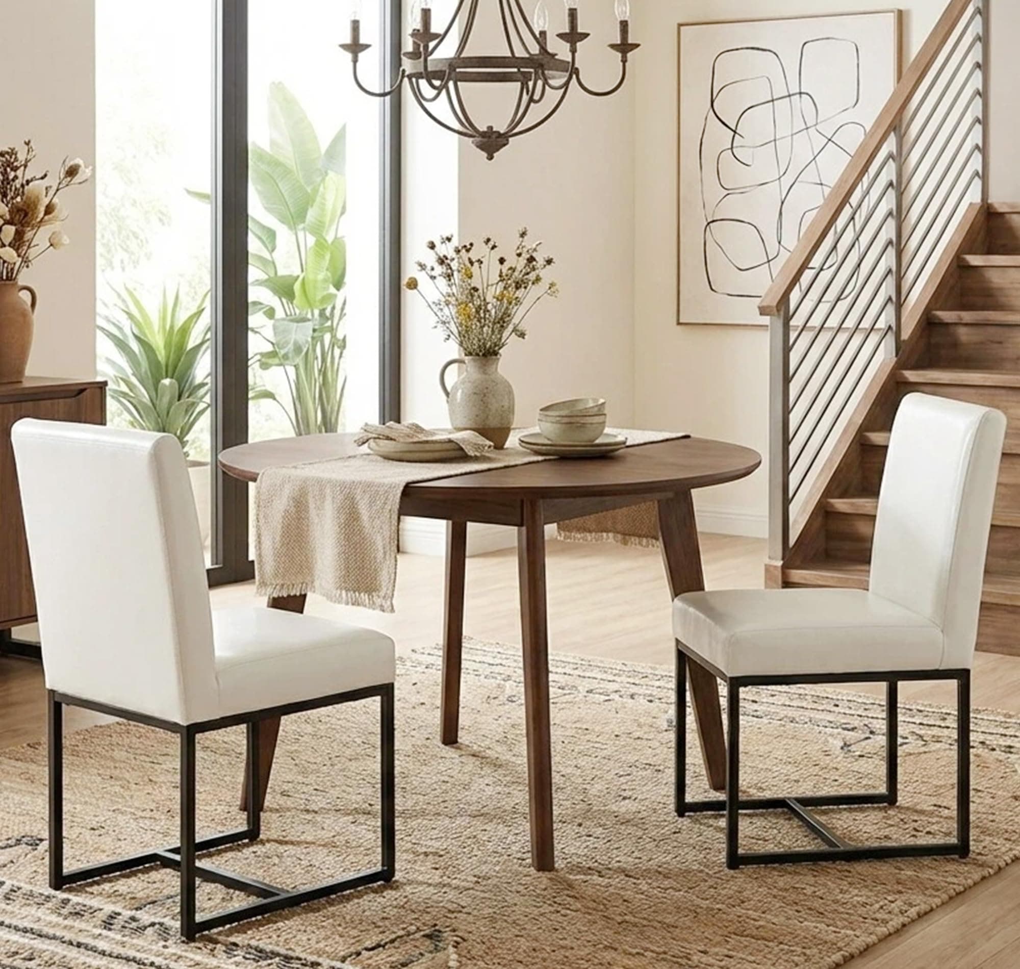 Shunzhi Upholstered Modern White Dining Chairs Set of 2 PU Leather Mid Century Dining Room Chairs Armless Side Chair Comfy Kitchen Chairs with Black Metal Base for Living Room/Kitchen,2PCS