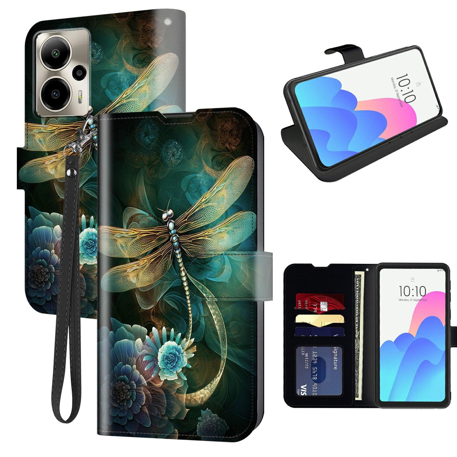 FUYOCWE for Cricket Outlast 5G 2024 Case Wallet for AT&T Motivate Pro 5G Phone Case with Card Holder Slot,Leather Flip Cover w/Kickstand+RFID Blocking+Magnetic Snap-Dragonfly Flowers