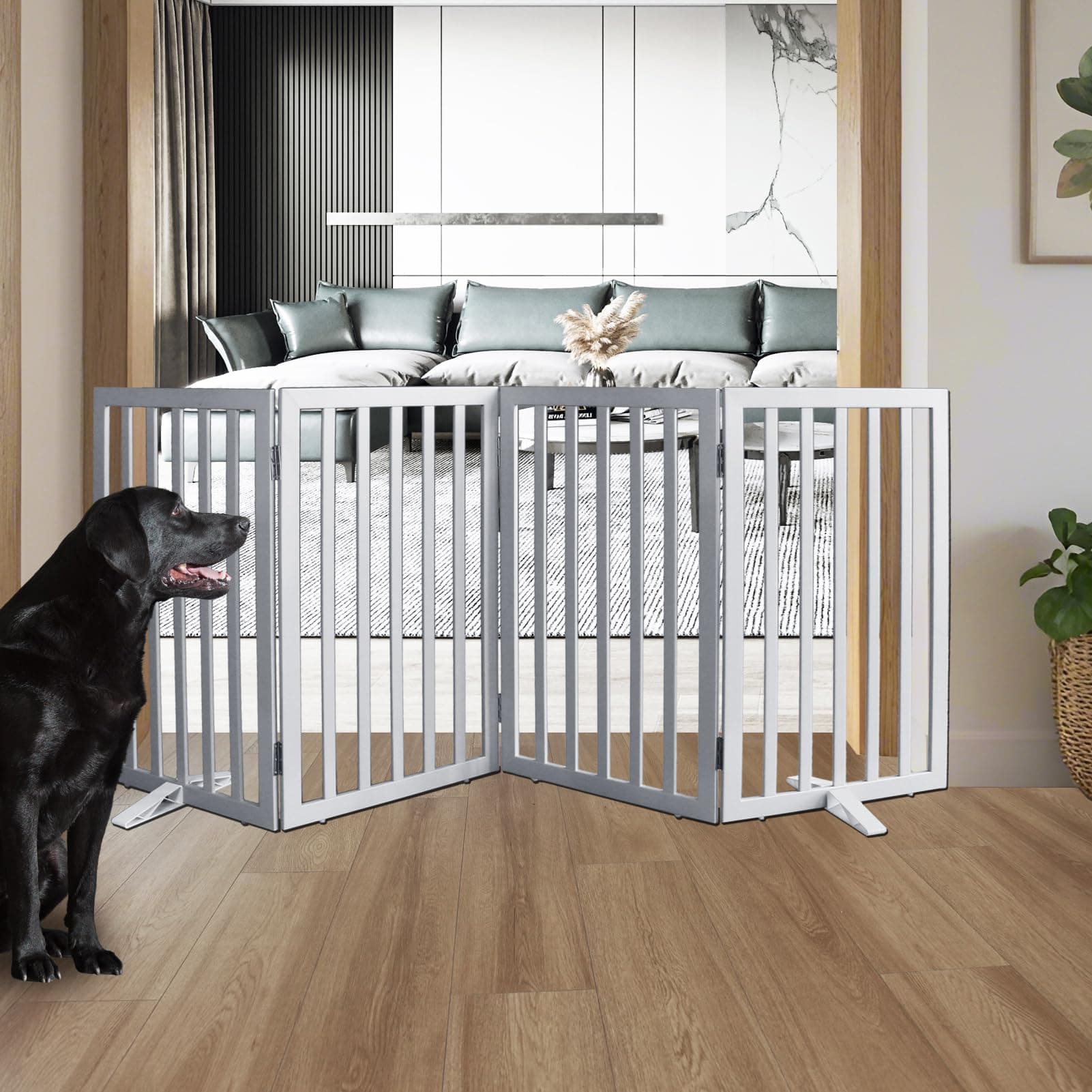 ZJSF Freestanding Indoor Dog Gate for House Foldable Wood White Puppy Gate for Doorways Pet Gate for Stairs Extra Wide Pet Fence, Grey, 32" Height 4 Panels