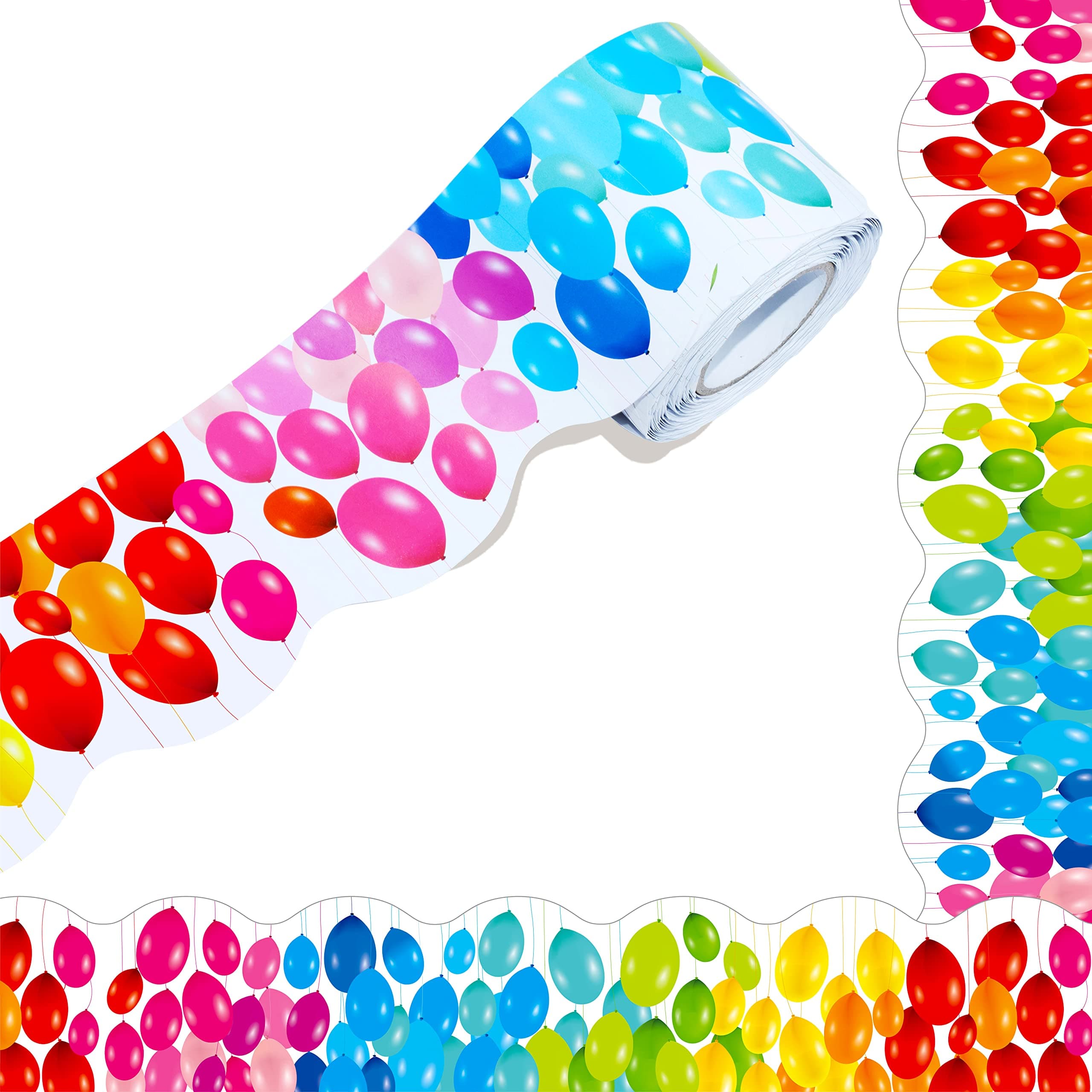 60 Feet Bulletin Board Borders, Color Balloons Pattern Scalloped Rolled Border Trim for School, Classroom & Offices