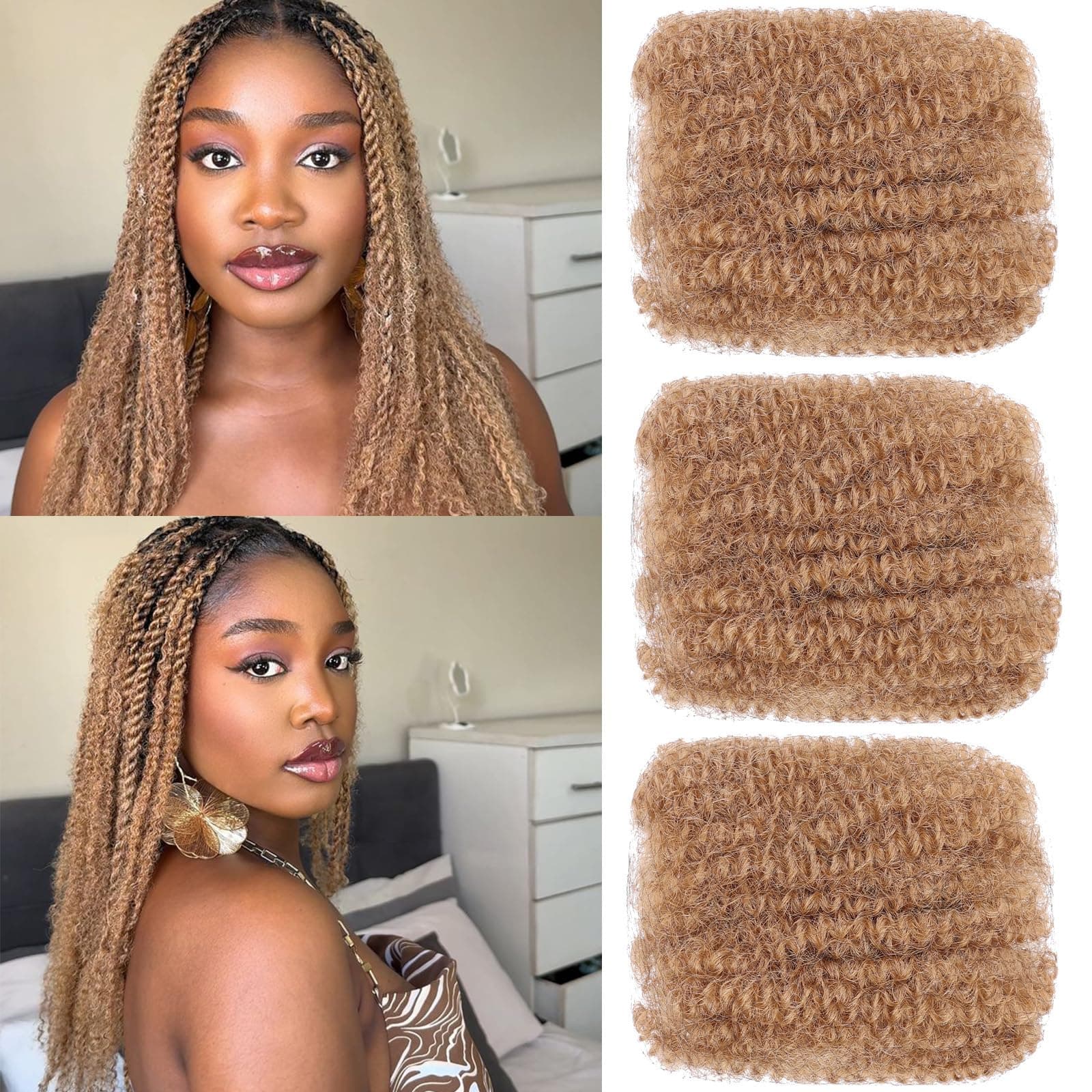 Xtrend 16 Inch 3 Bundles 90g Honey Blonde Afro Kinky Bulk Hair for Dreadlocks Extensions, Repair Locs, Mini Braiding, Twist, Micro Spring Twist (30g/pack)