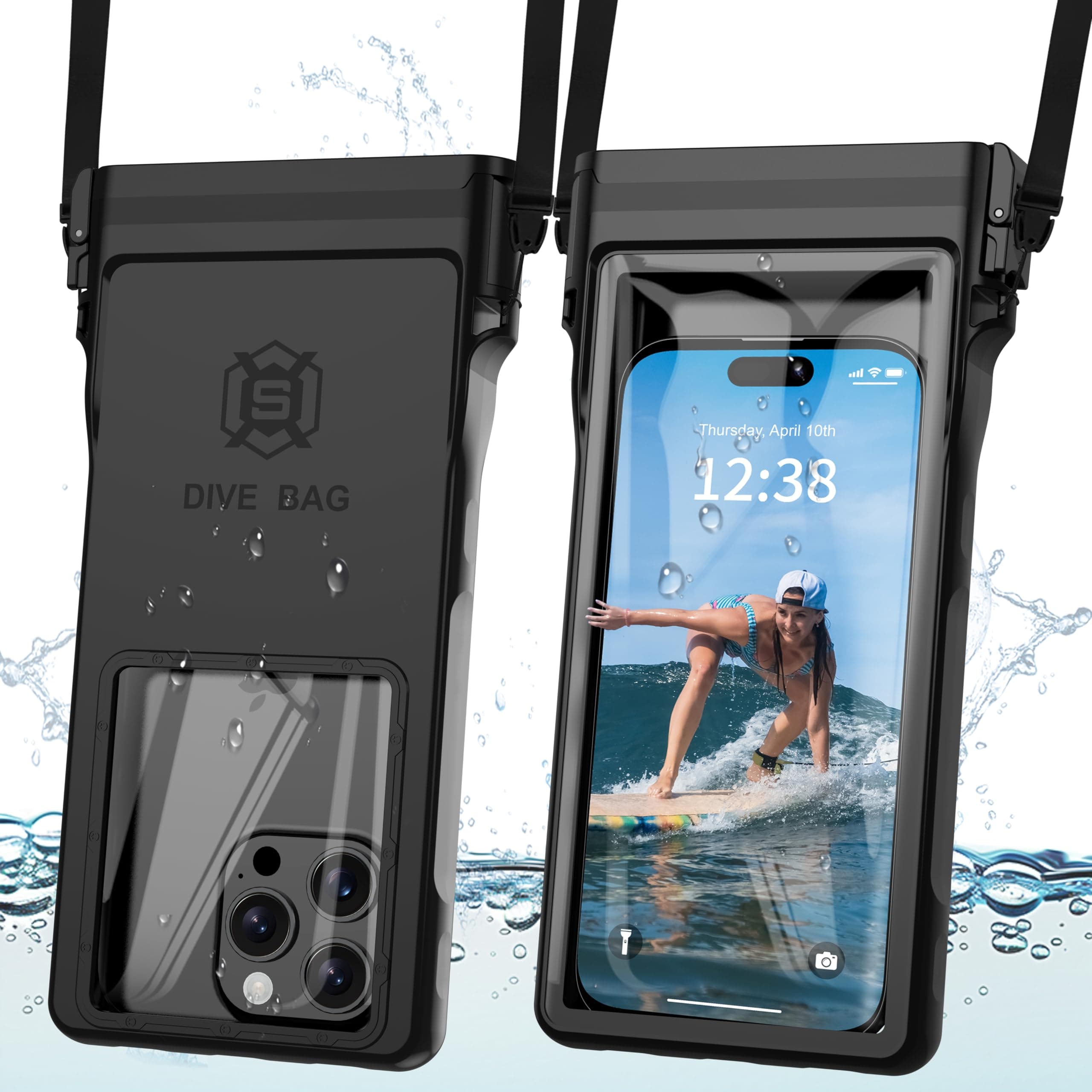 GOLDJU Waterproof Phone Pouch, 7.0 inch Waterproof Phone Case for iPhone 16 15 Pro Max Galaxy S25 S24 Ultra, IPX8 Large Space Adjustable Neck Lanyard Phone Pouch for Beach Travel Must Haves,-Black