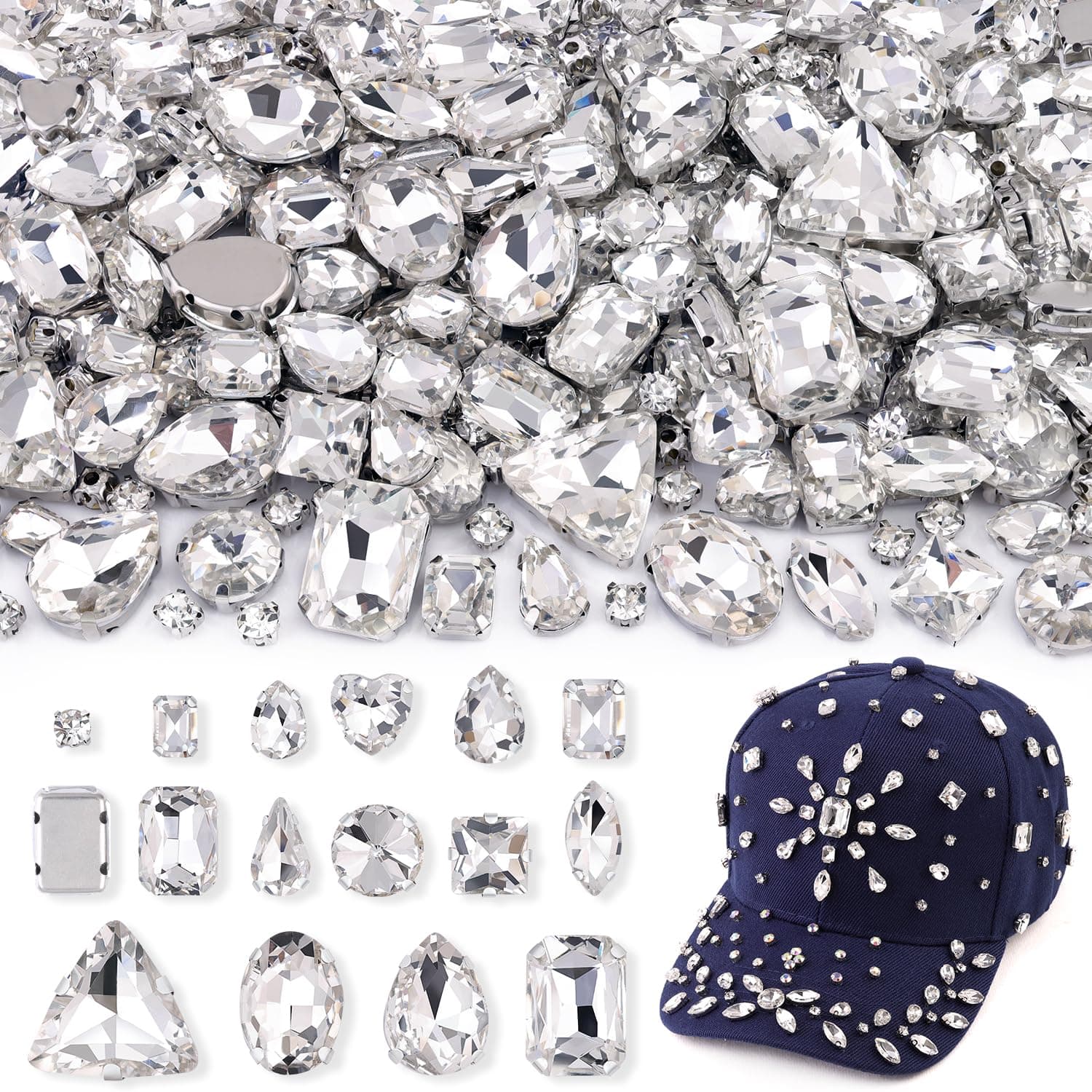White Bedazzling Sew on Rhinestones, Mixed Shape Charms Claw Flatback Glass Rhinestone with Metal Base for Crafting, Large Gems for Clothes Shoes Hats Collars Bags & Sewing Accessories