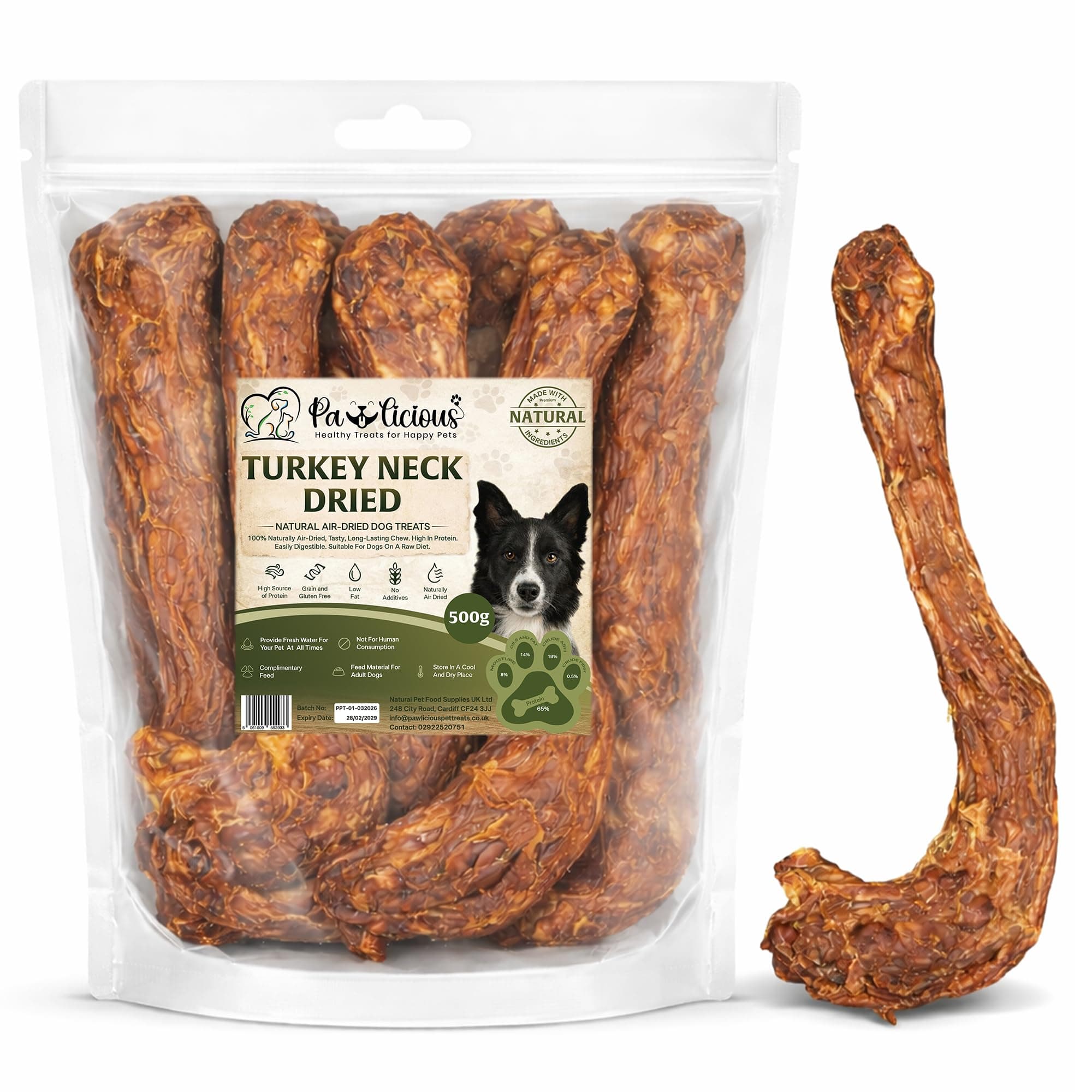 Pawlicious Turkey Necks for Dogs 500g – 100% Natural Air-Dried Dog Treats, High Protein Grain Free Chew, Long Lasting Dental Dog Treat for Medium & Large Dogs