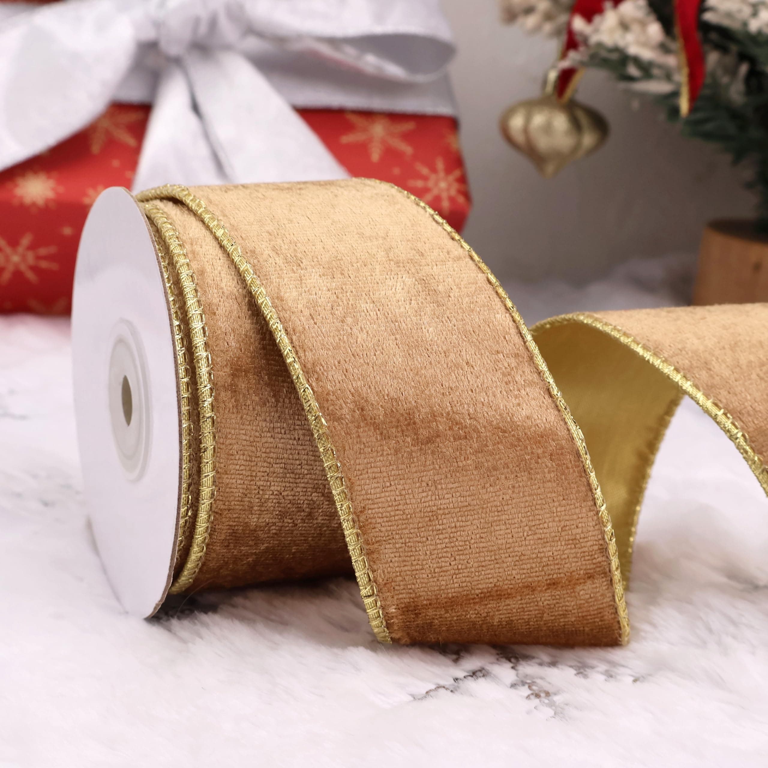Brown Ribbon Velvet Wired Ribbon 2inch Metallic Wired Edge Doouble Sided Ribbon for Christmas Decoration, Gift Wrapping Home Decor Crafts (Brown and Gold)