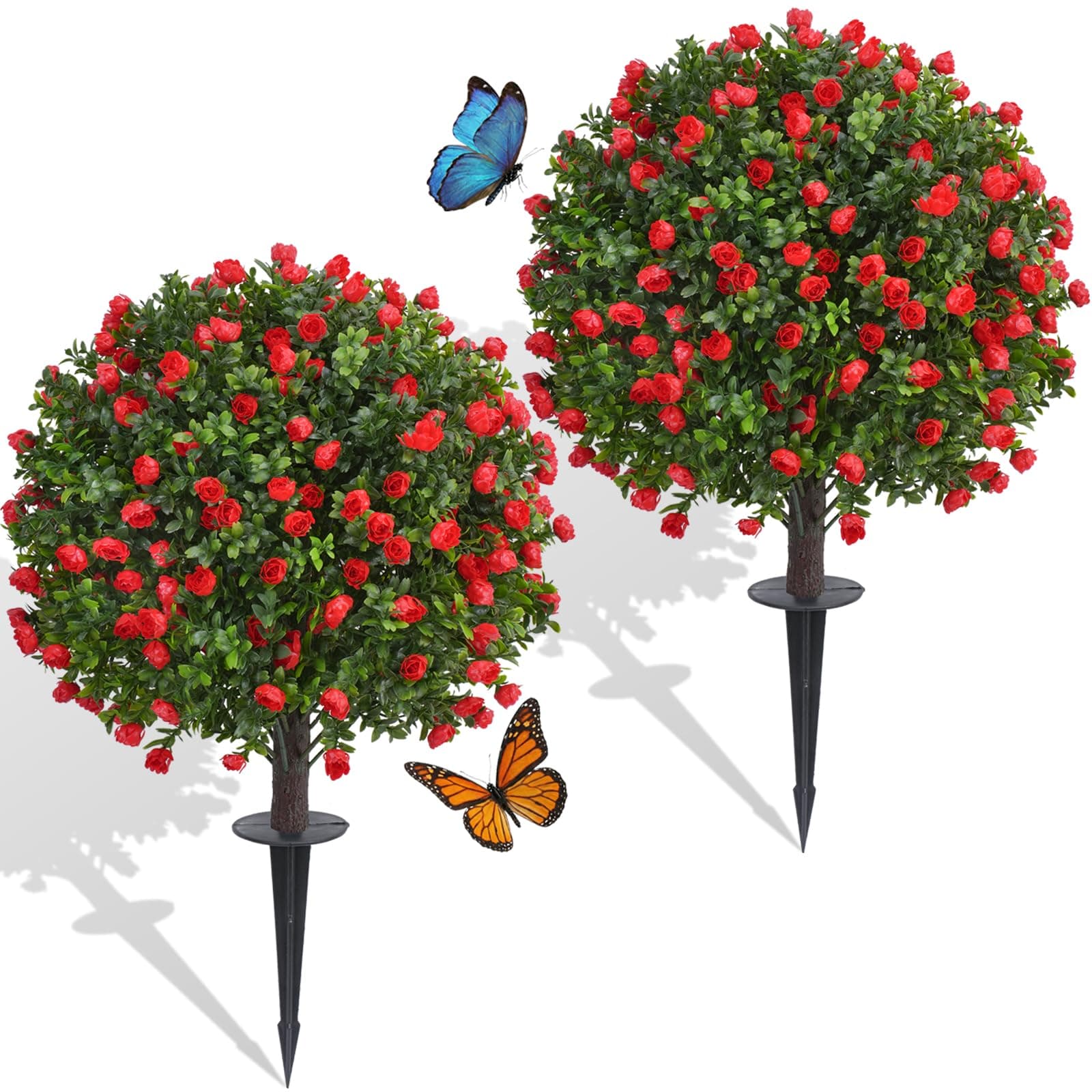 Quirlory Dense Red Rose Artificial Topiary Ball Trees 24 Inch, Set of 2 Fake Plants with Ground Spike, UV Resistant No Fade Outdoor Faux Shrubs for Spring Garden, Patio, Porch, Yard, Indoor Decor