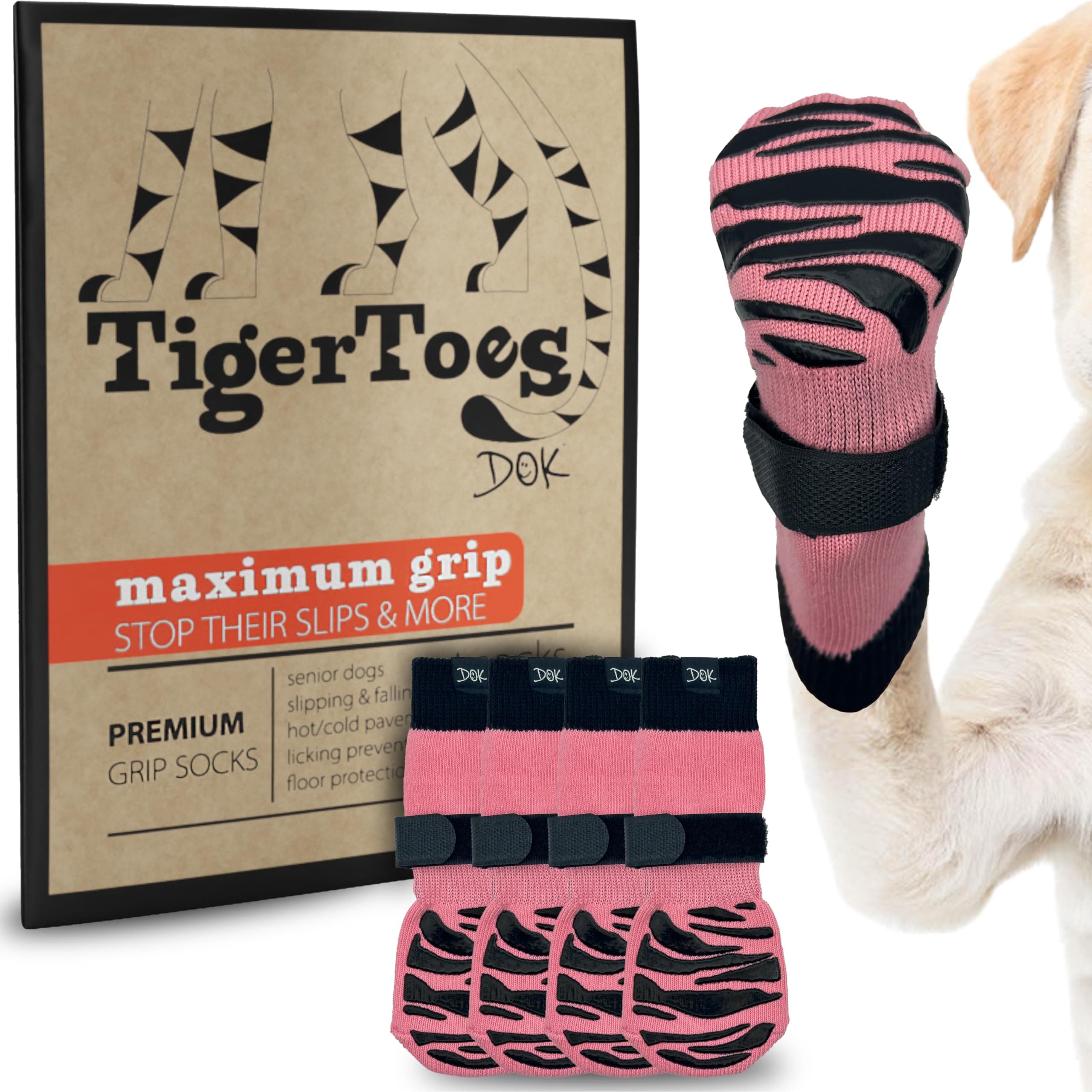 DOK TigerToes Premium Non-Slip Dog Socks for Hardwood Floors - Extra-Thick Grip that Works Even When Twisted - Prevents Licking, Slipping, and Great for Dog Paw Protection (XL, Sassy Pink)