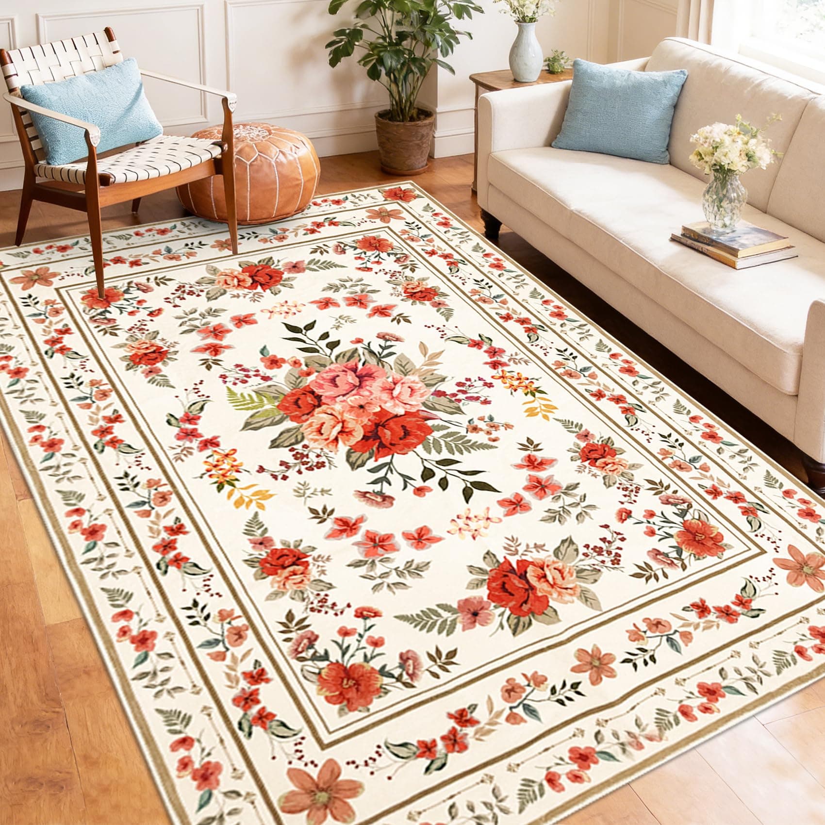 Lacomfy Boho Rug 4x6Ft Red Floral Rug for Girls Kids Bedroom Farmhouse Cottage Living Room Entrance Dorm, Nonslip Washable Countryside Flower Carpet for Indoor Home Decor, Spring Summer, Multicolor