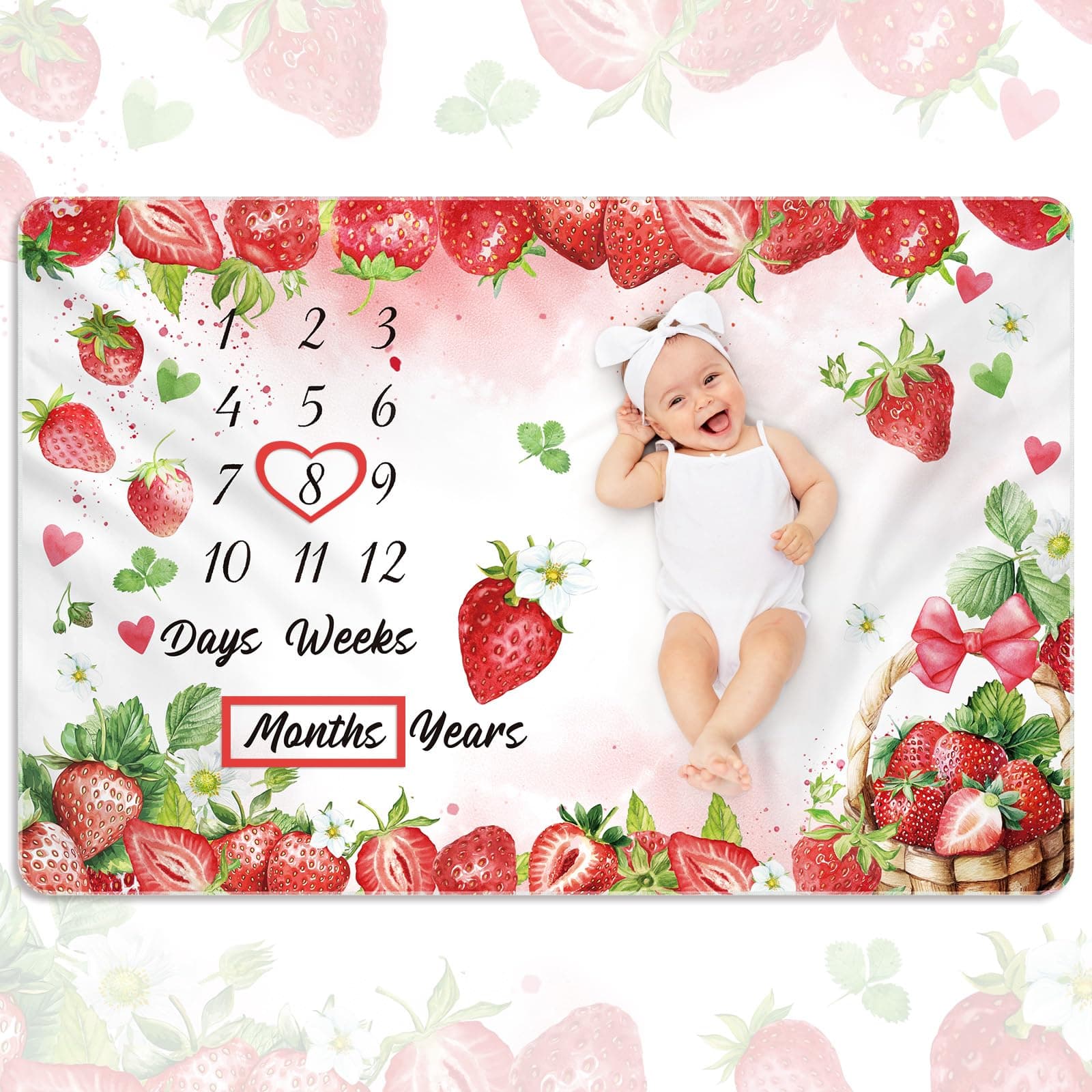 Nuanchu Baby Monthly Milestone Blanket Baby Girl Boy 60" x 40" Soft Fleece First 12 Months Growth Chart Newborn Photography Background Baby's First Year Milestone Blanket Nursery Decor (Strawberry)