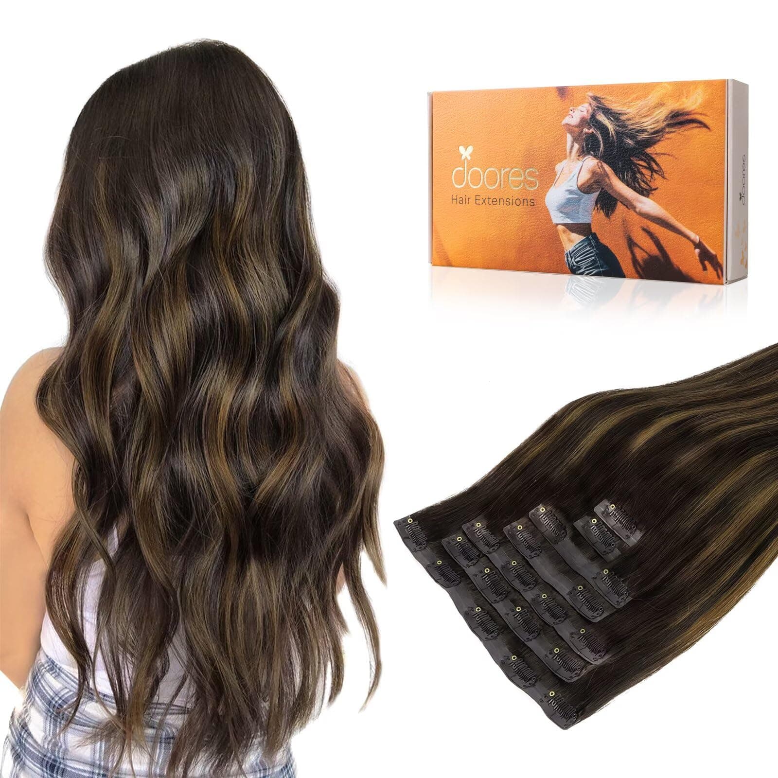 DOORES Seamless Clip in Hair Extensions Real Human Hair, Dark Brown to Chestnut Brown 7pcs 18 Inch 130g, Hair Extensions Seamless Clip in Remy Straight Hair Natural Thick Hair