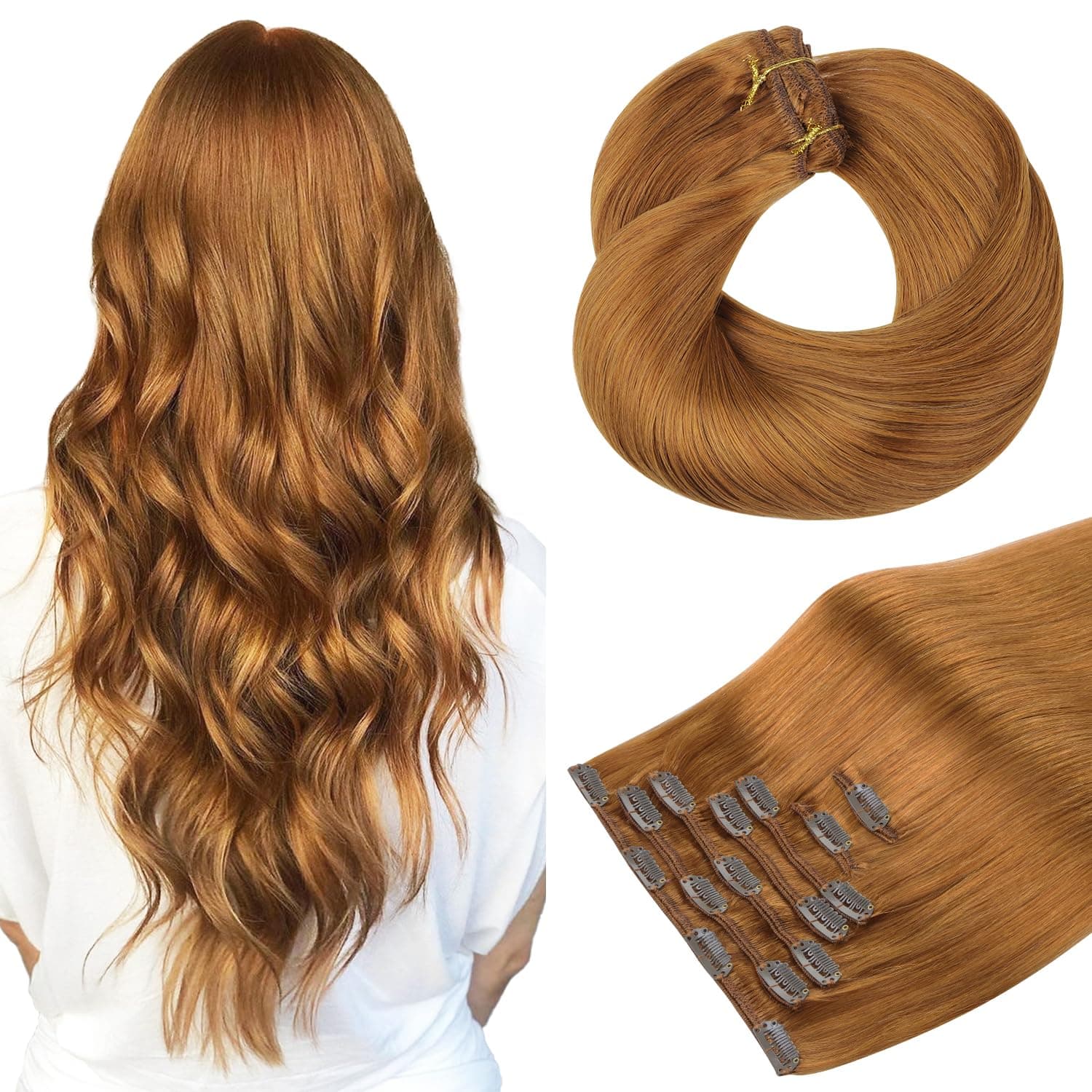 HOTBANANA Human Hair Clip in Hair Extensions, Auburn Ginger 120g Clip in Hair Extensions Real Human Hair Straight Remy Hair Clip in Hair Extensions 18 Inch 7pcs