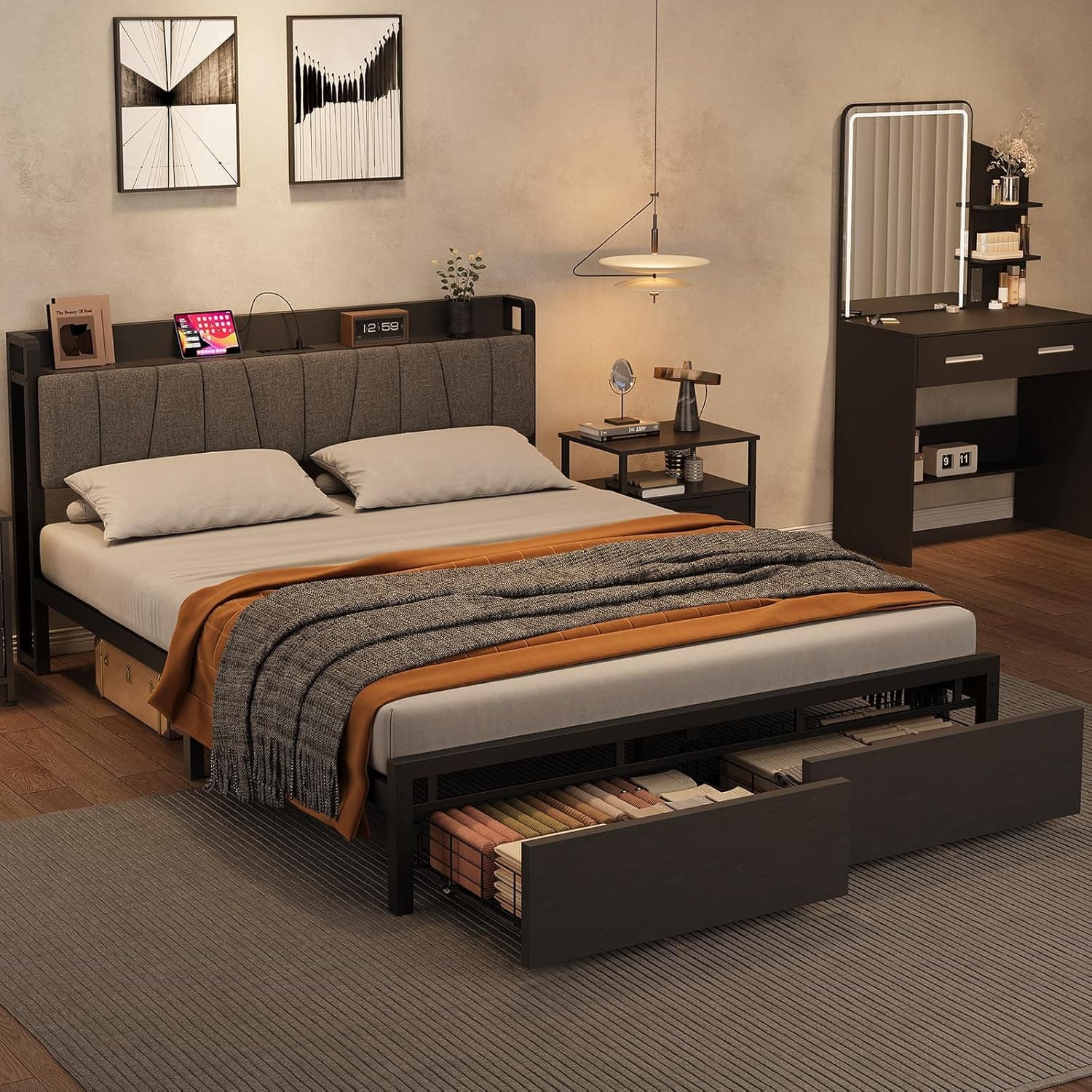 MilleLoom Platform Bed Frame Full/King Size with 2 Storage Drawers – Upholstered Headboard – Built-in Charging Station – Sturdy Metal Slats, No Box Seasonal Needed, Modern Bedroom Furniture